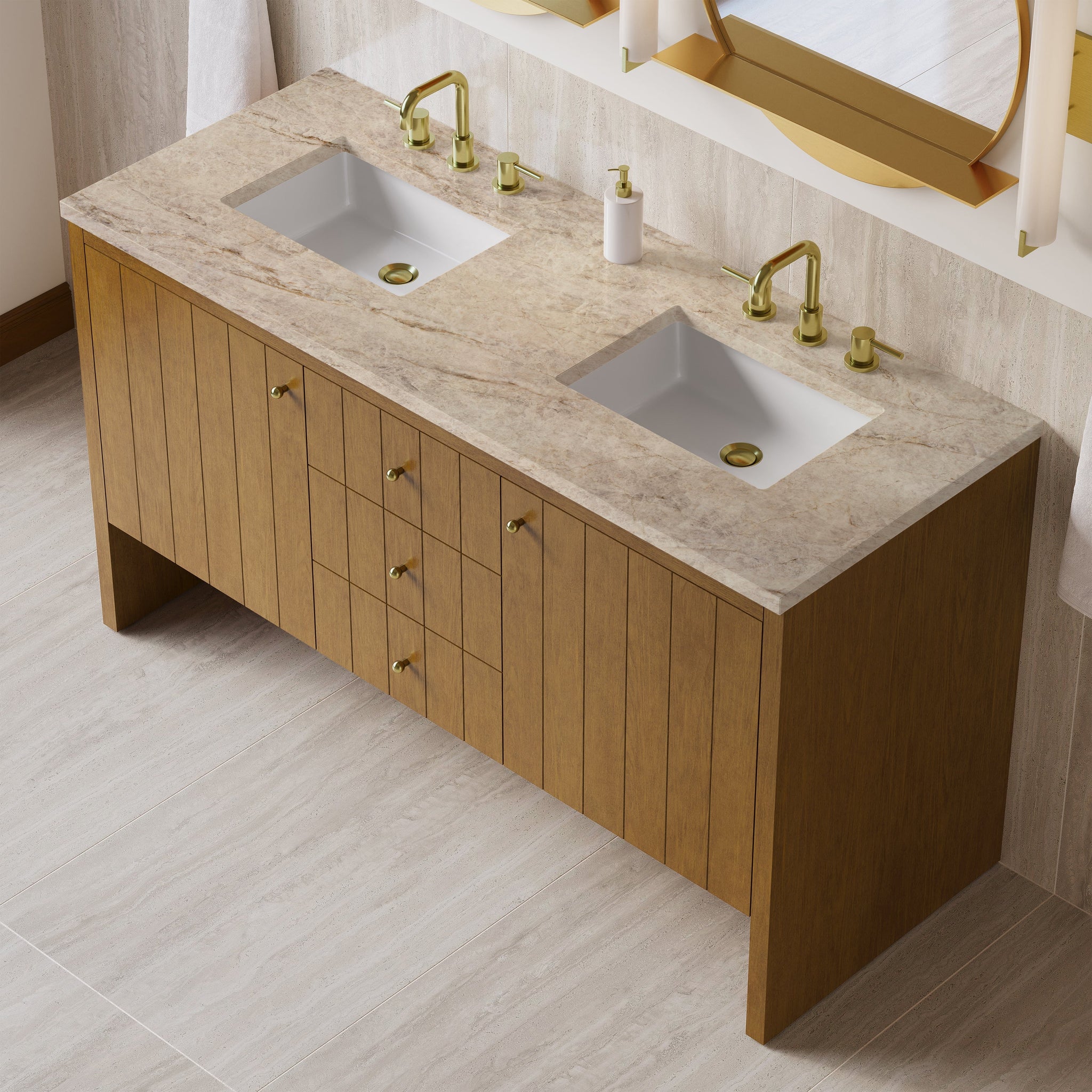 James Martin Hudson 60" Double Bathroom Vanity, Honey Oak with Tajnar countertop