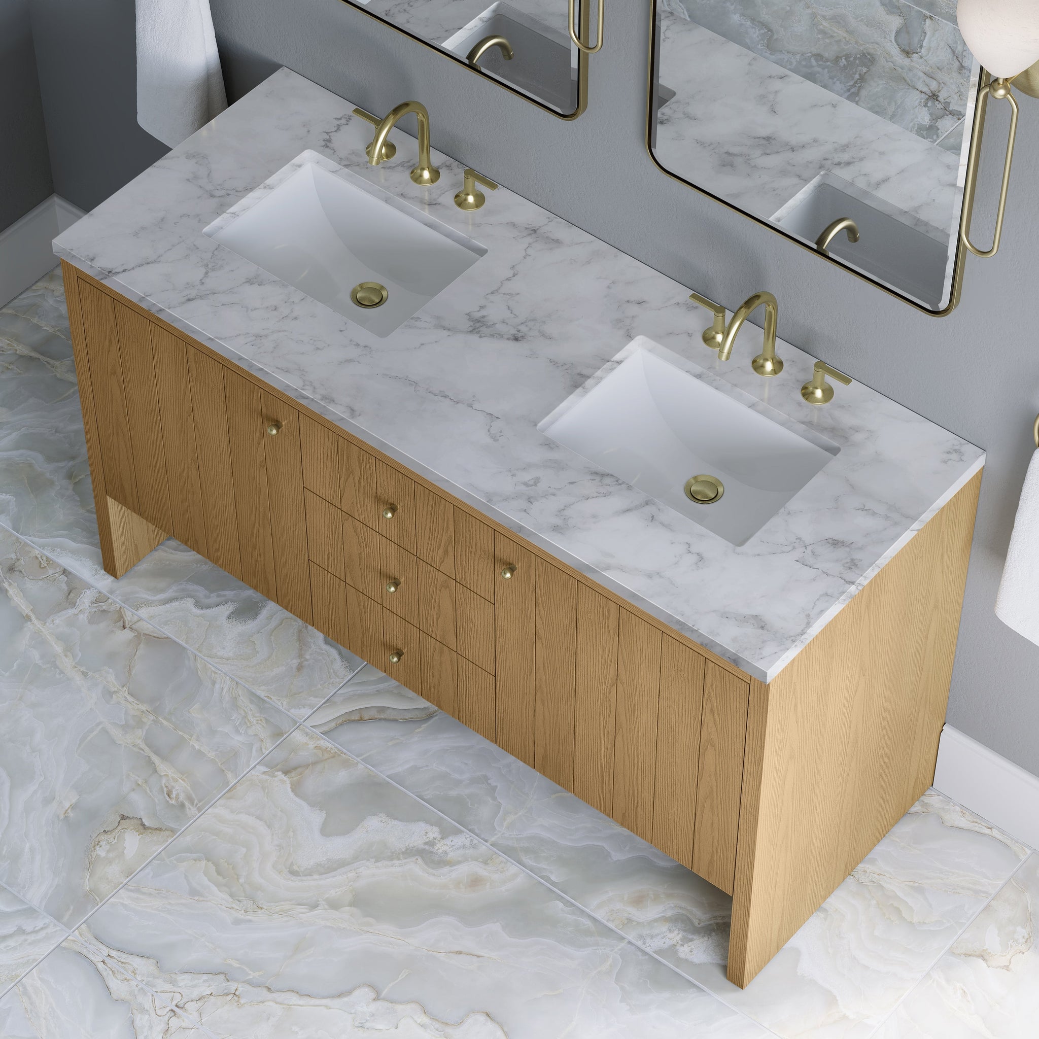James Martin Hudson 60" Double Bathroom Vanity, Light Natural Oak with Carrara White countertop