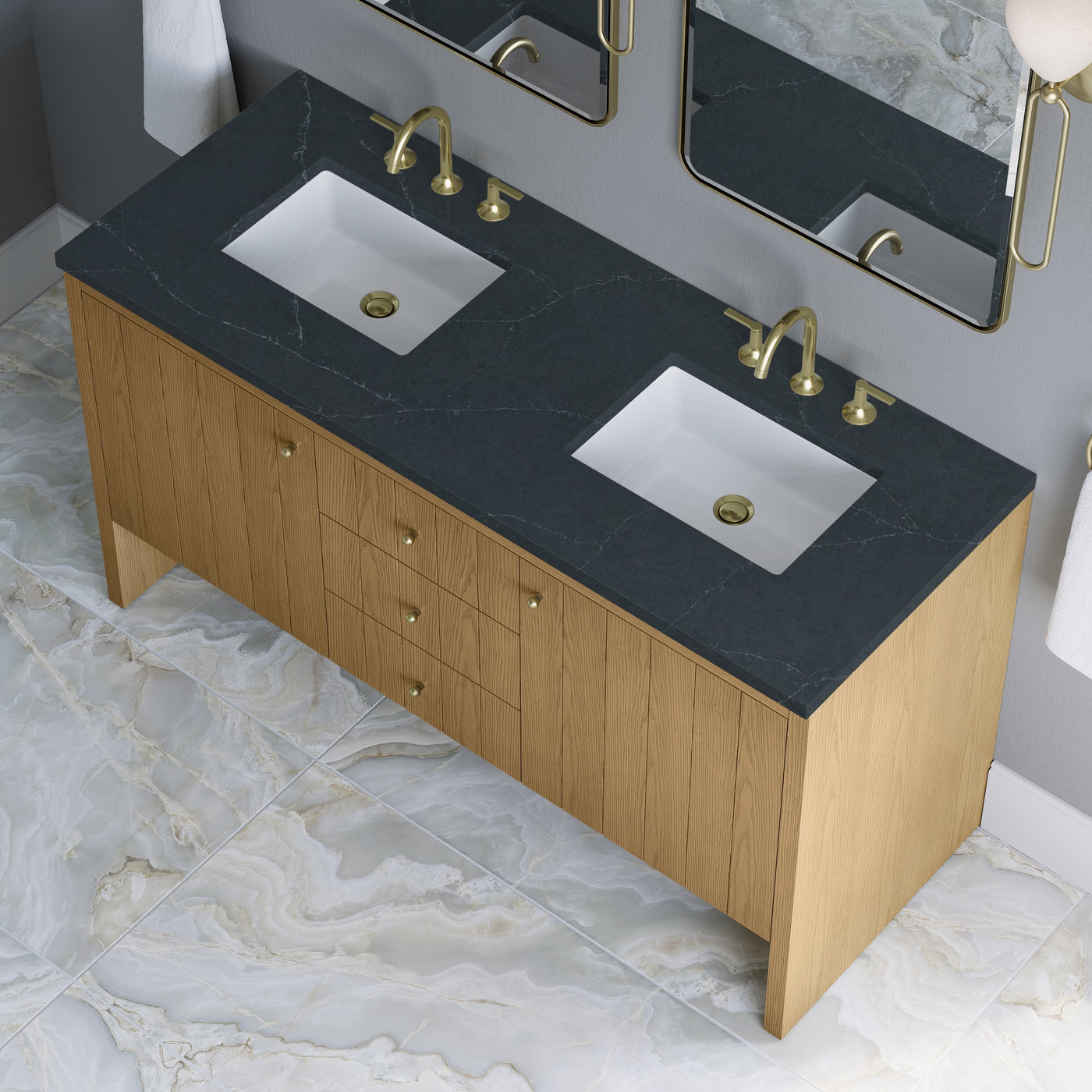 James Martin Hudson 60" Double Bathroom Vanity, Light Natural Oak with Charcoal Soapstone countertop