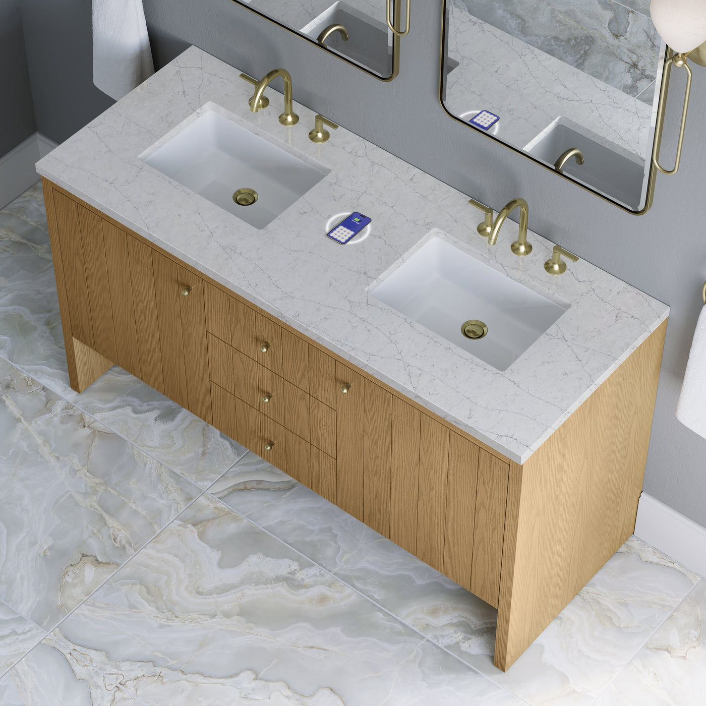 James Martin Hudson 60" Double Bathroom Vanity, Light Natural Oak with Eternal Jasmine Pearl (FreePower) countertop