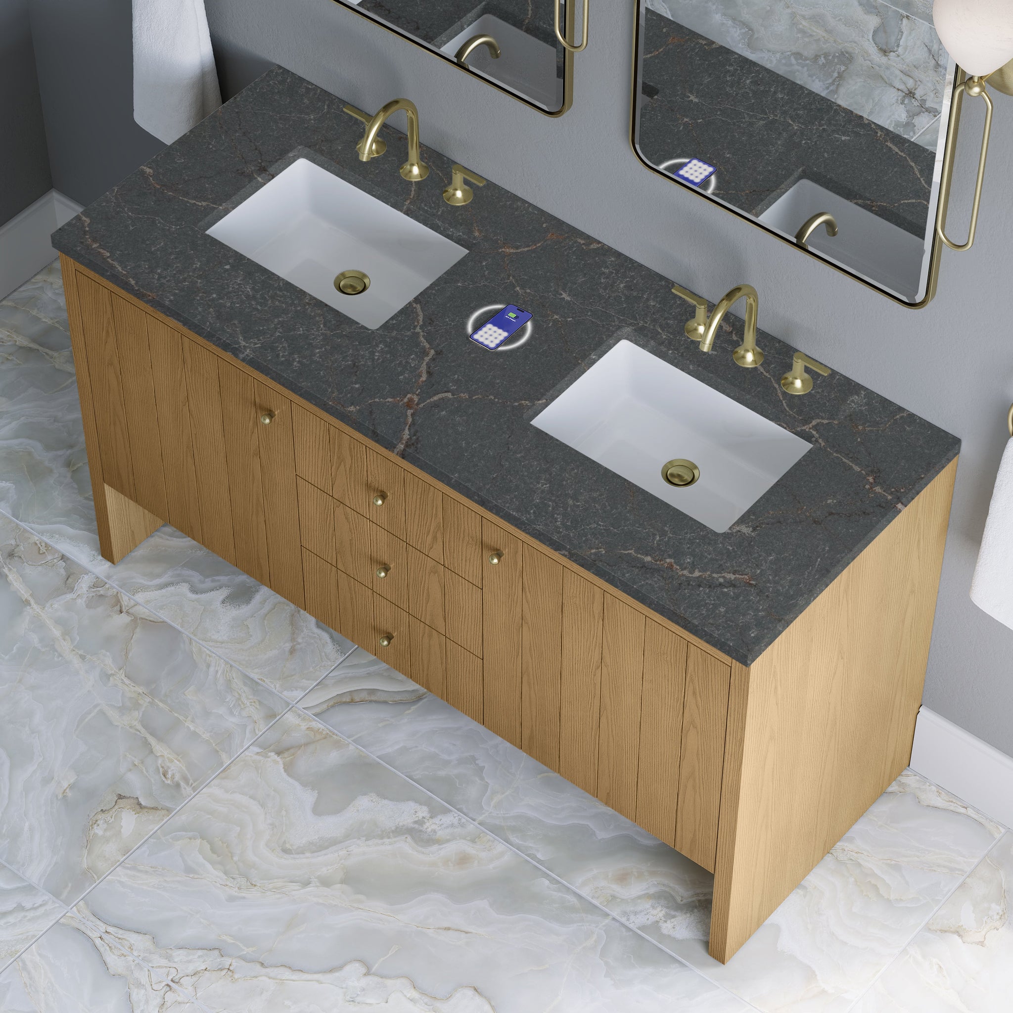 James Martin Hudson 60" Double Bathroom Vanity, Light Natural Oak with Parisien Bleu (FreePower) countertop