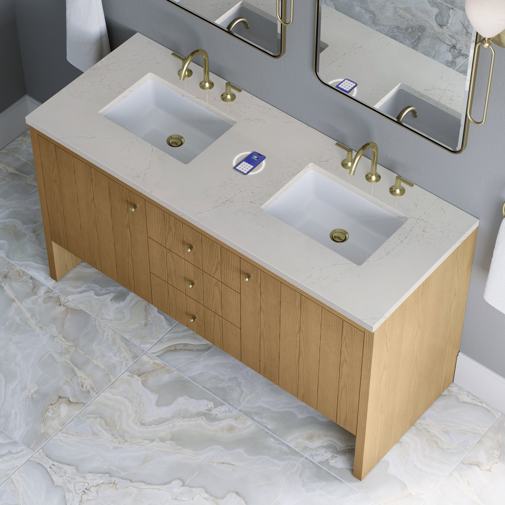 James Martin Hudson 60" Double Bathroom Vanity, Light Natural Oak with Siberian (FreePower) countertop
