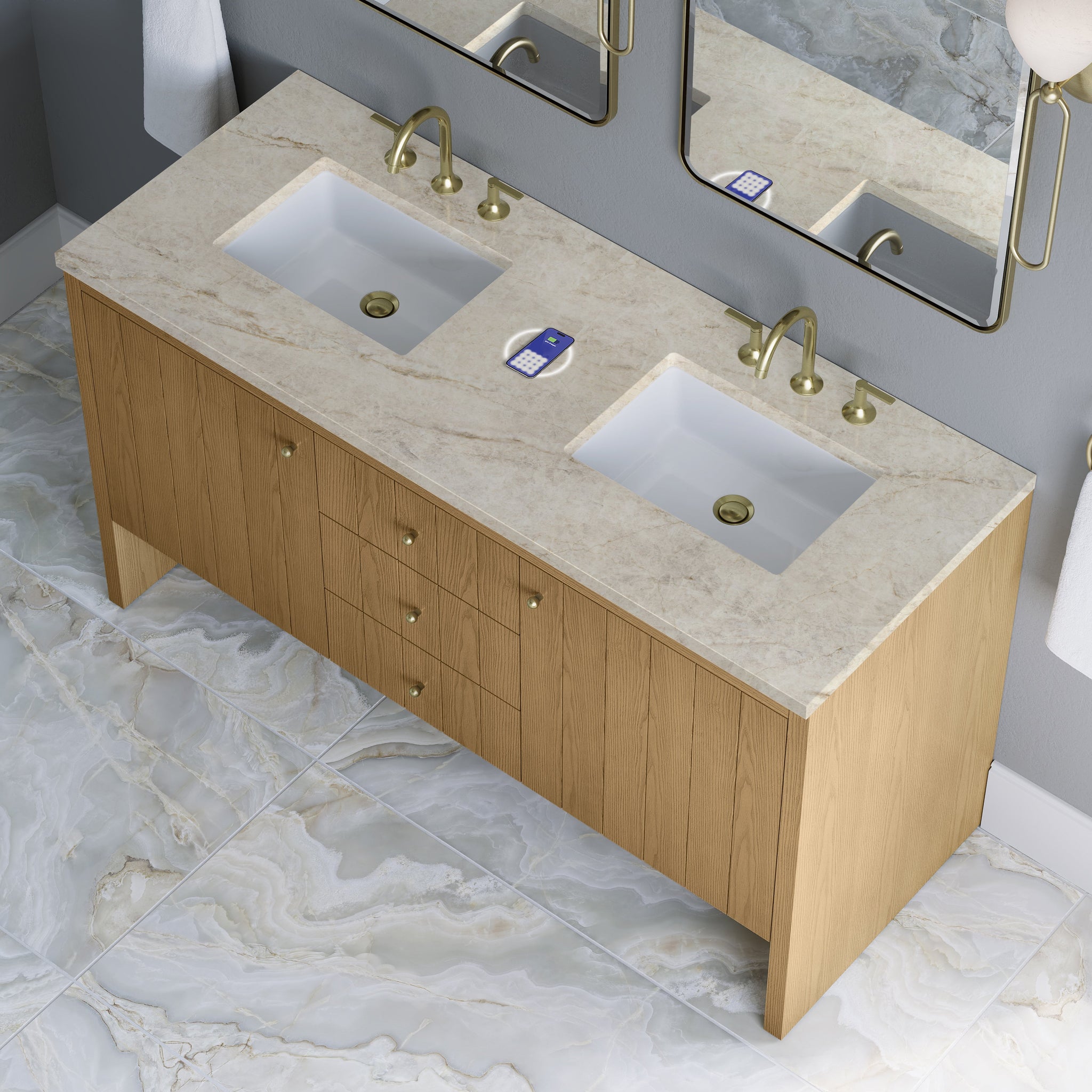 James Martin Hudson 60" Double Bathroom Vanity, Light Natural Oak with Tajnar (FreePower) countertop