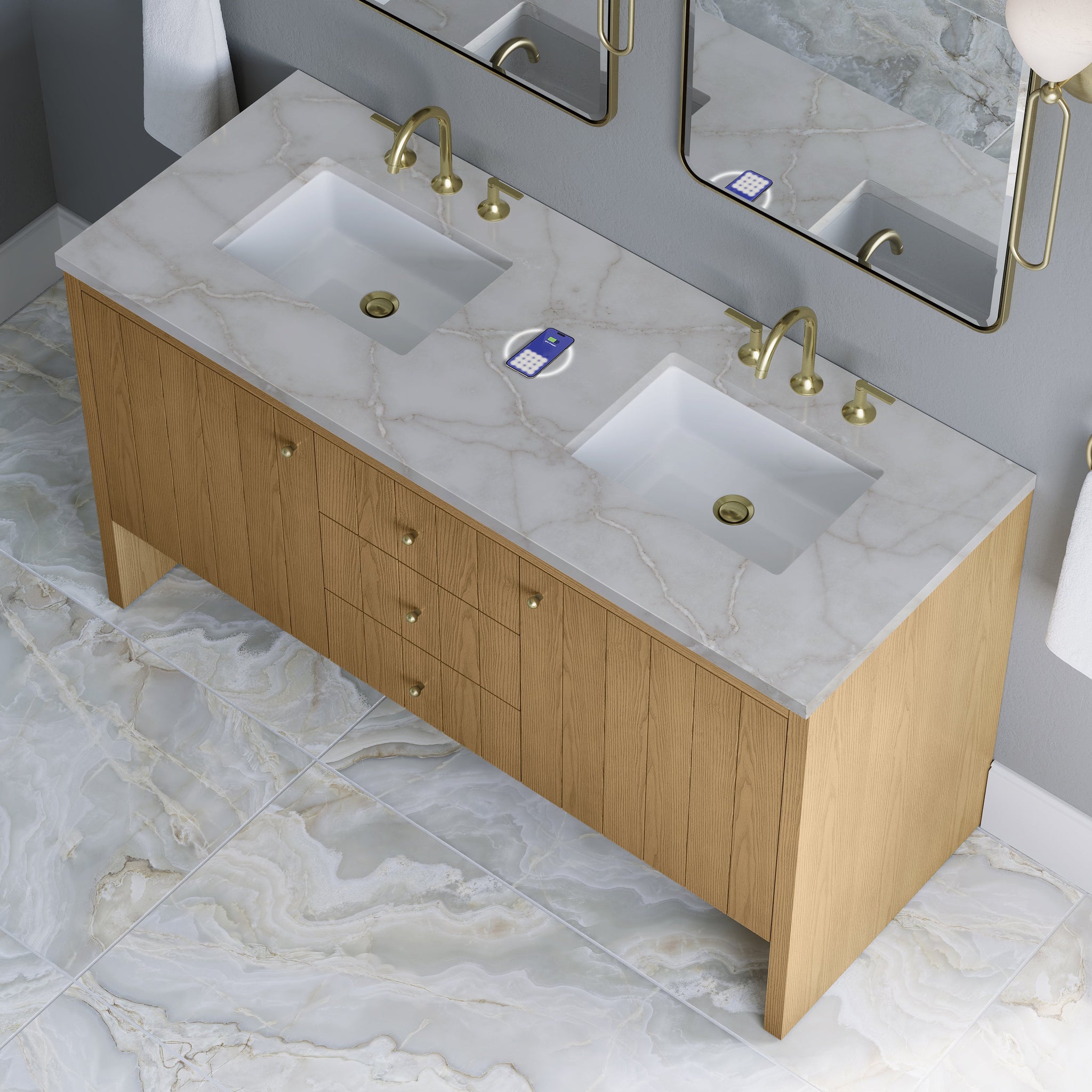 James Martin Hudson 60" Double Bathroom Vanity, Light Natural Oak with Victorian Silver (FreePower) countertop