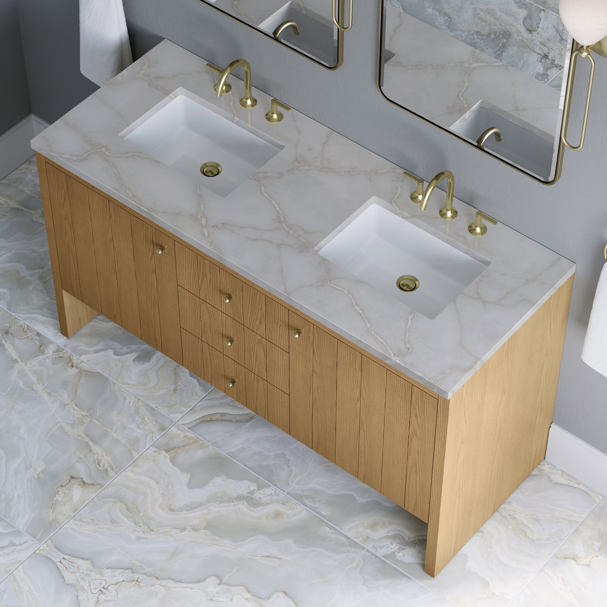 James Martin Hudson 60" Double Bathroom Vanity, Light Natural Oak with Victorian Silver countertop
