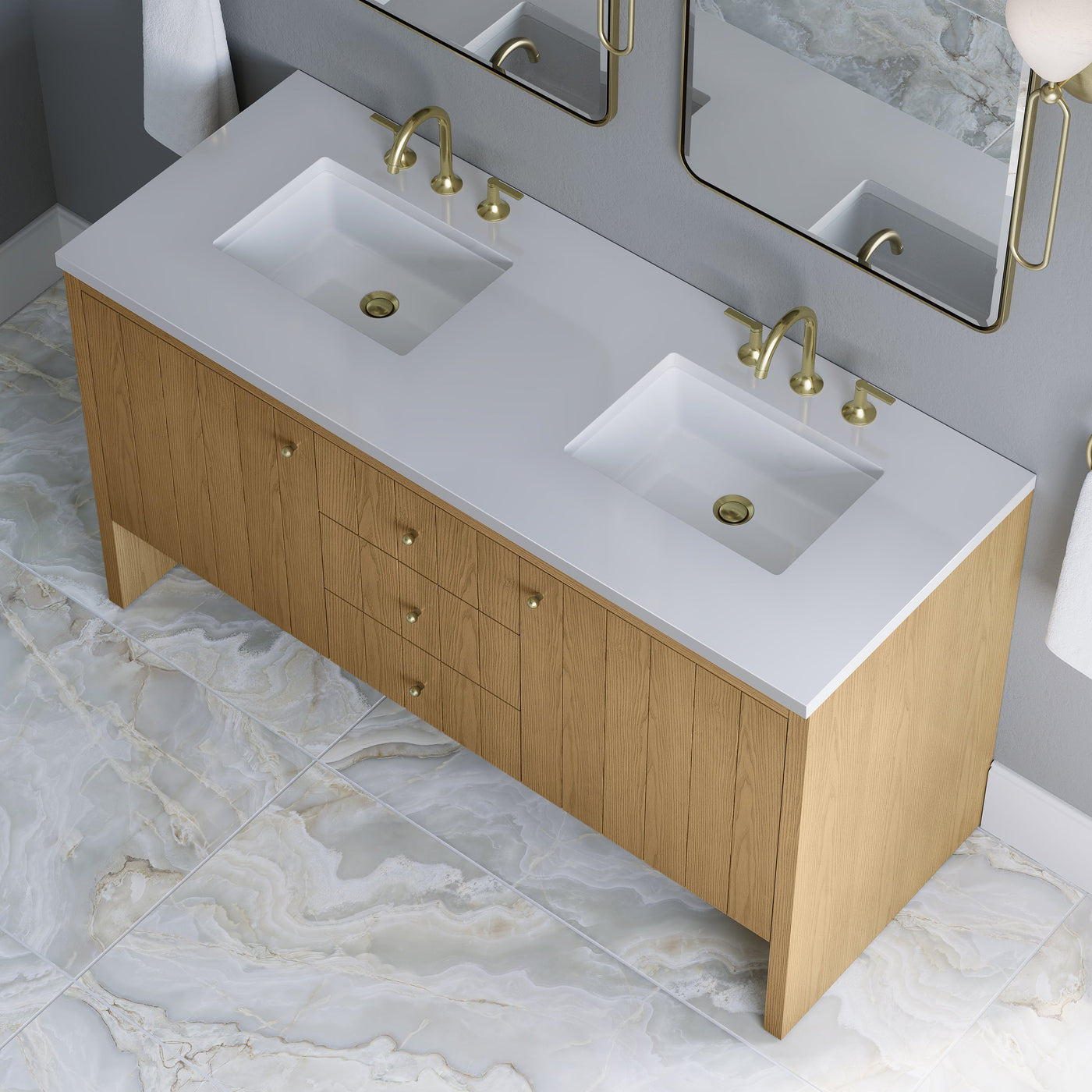 James Martin Hudson 60" Double Bathroom Vanity, Light Natural Oak with White Zeus countertop