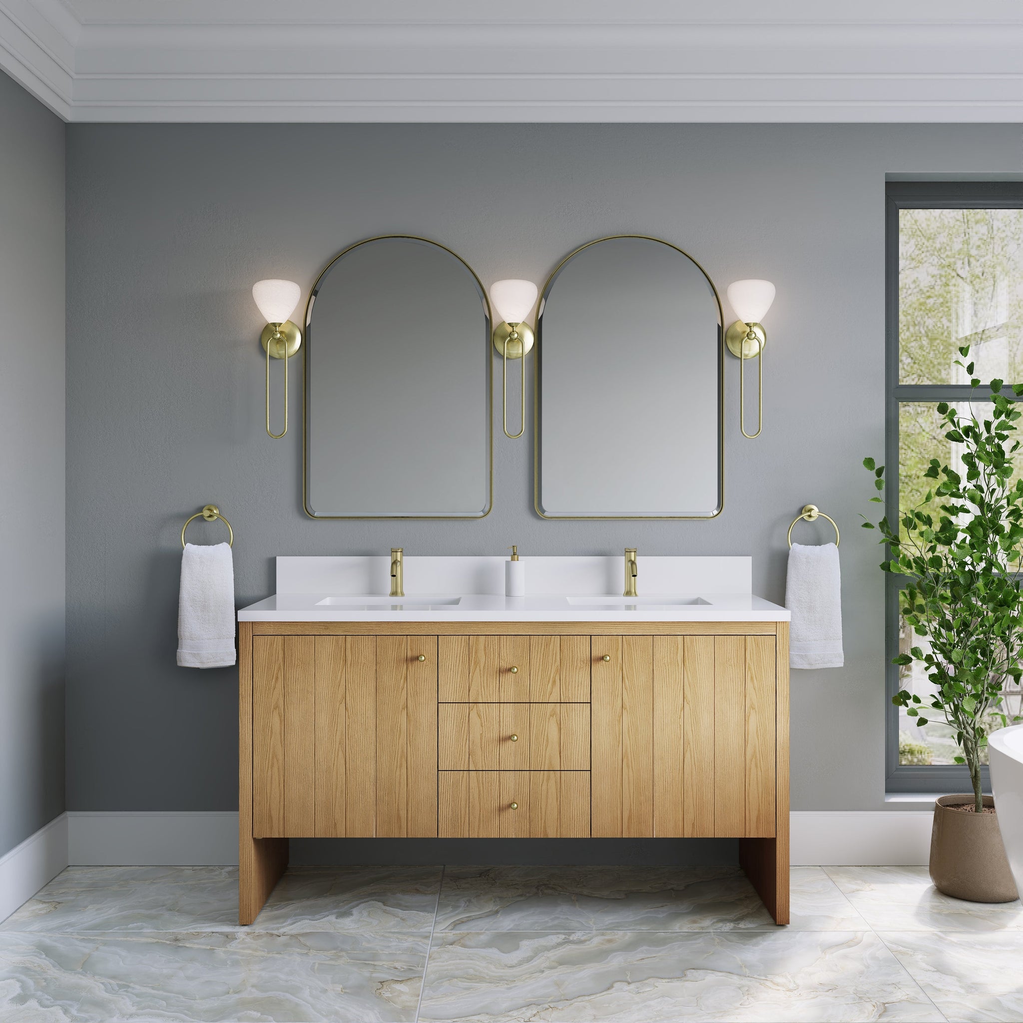 James Martin Hudson 60" Double Bathroom Vanity, Light Natural Oak with White Zeus (Single Hole, with Backsplash) countertop