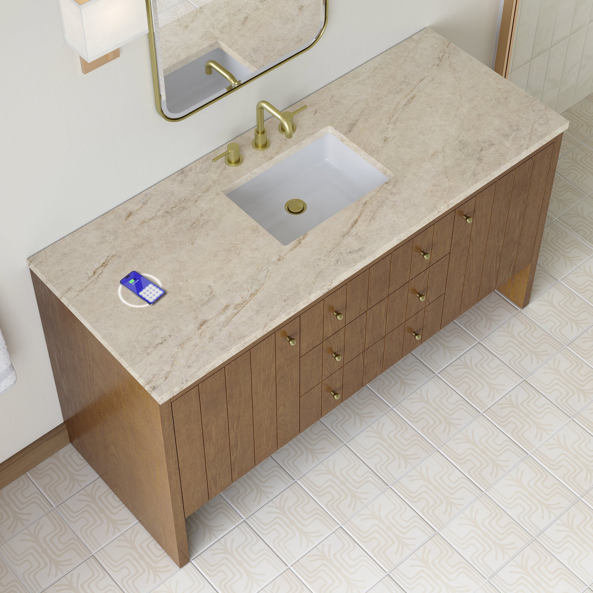 James Martin Hudson 60" Single Bathroom Vanity, Honey Oak with Tajnar (FreePower) countertop