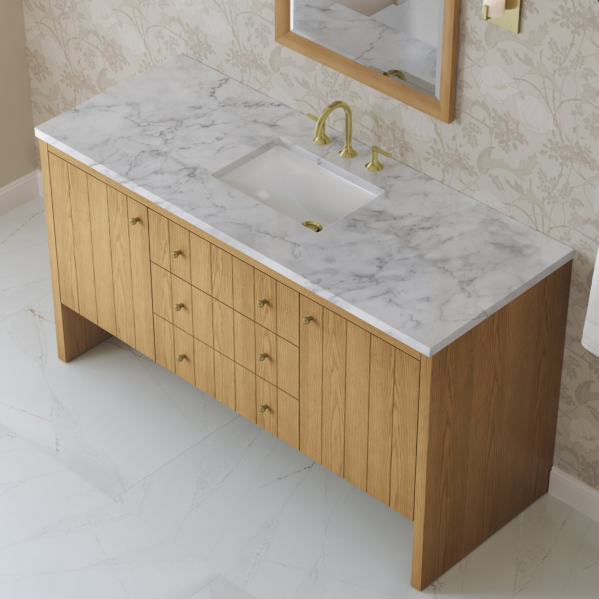 James Martin Hudson 60" Single Bathroom Vanity, Light Natural Oak with Carrara White countertop