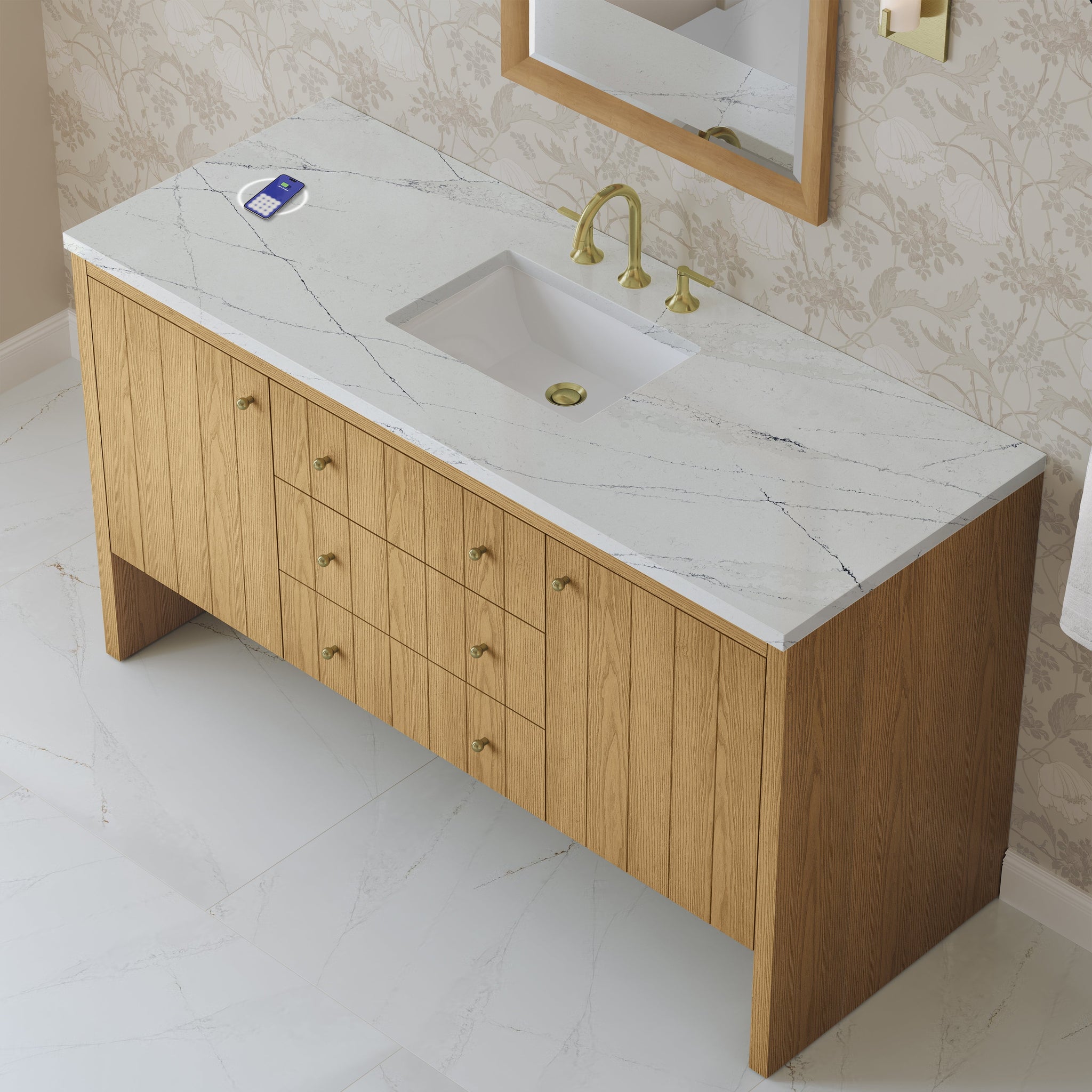 James Martin Hudson 60" Single Bathroom Vanity, Light Natural Oak with Ethereal Noctis (FreePower) countertop