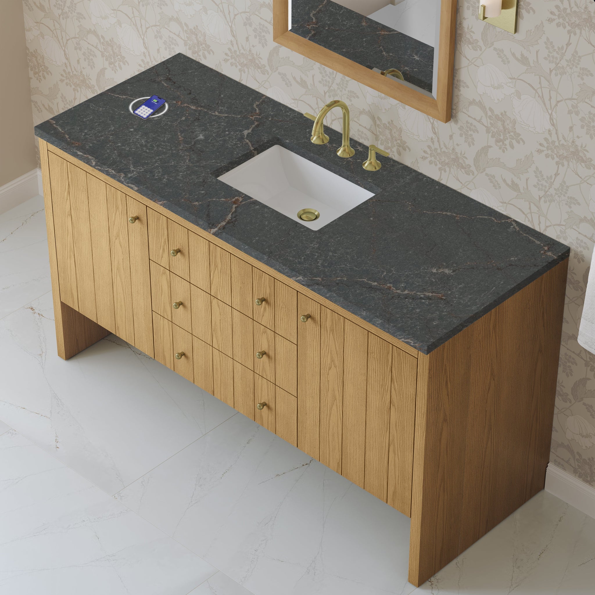 James Martin Hudson 60" Single Bathroom Vanity, Light Natural Oak with Parisien Bleu (FreePower) countertop