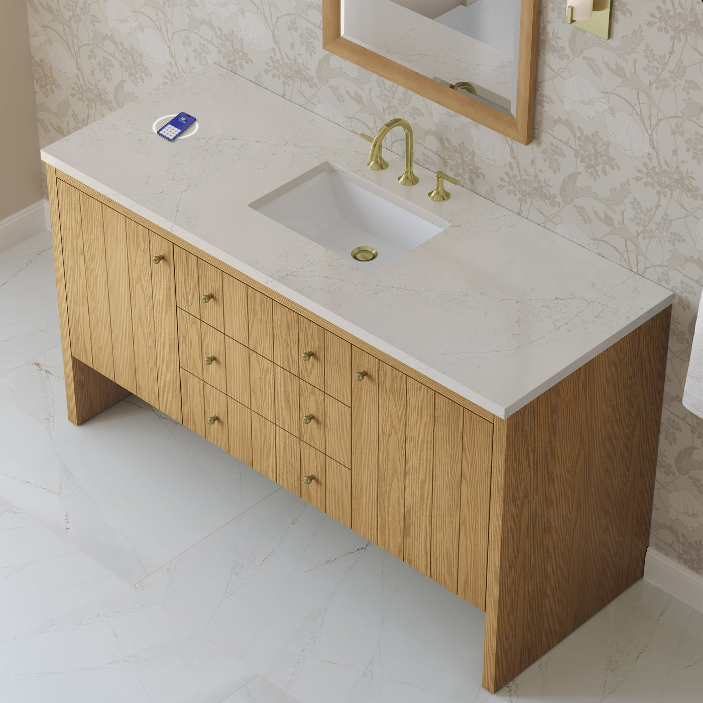 James Martin Hudson 60" Single Bathroom Vanity, Light Natural Oak with Siberian (FreePower) countertop