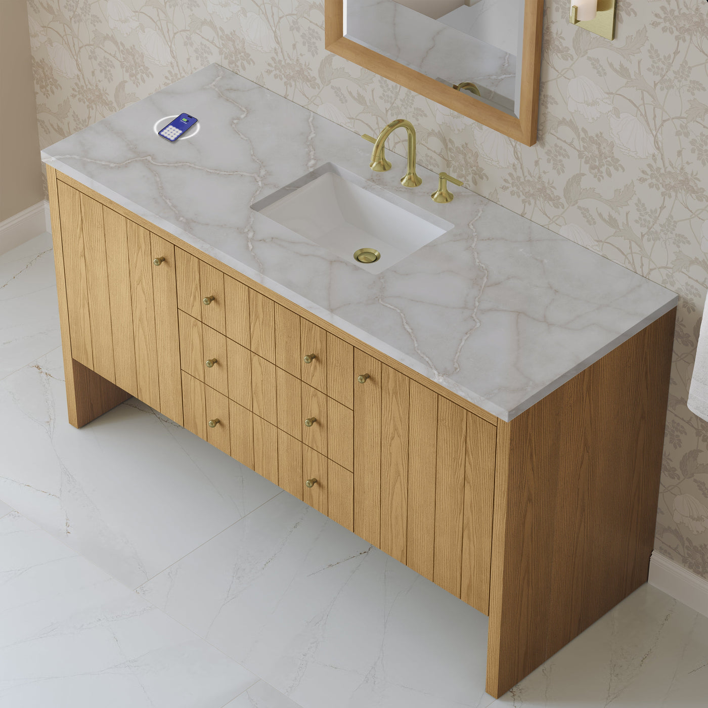 James Martin Hudson 60" Single Bathroom Vanity, Light Natural Oak with Victorian Silver (FreePower) countertop