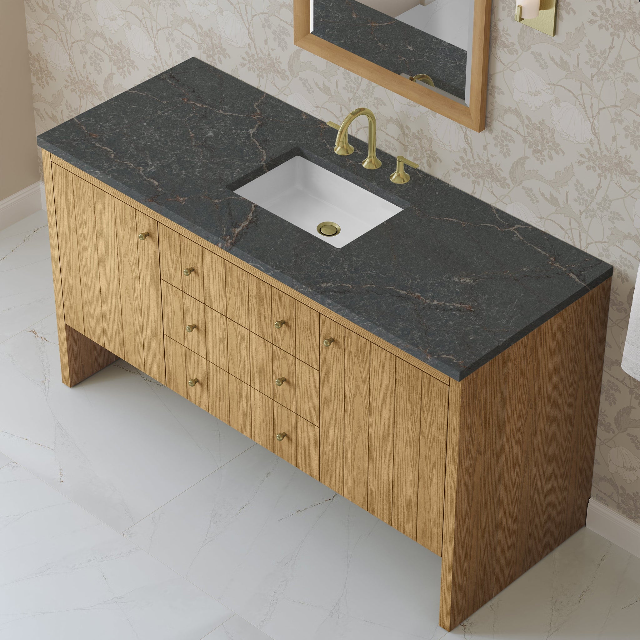 James Martin Hudson 60" Single Bathroom Vanity, Light Natural Oak with Parisien Bleu countertop