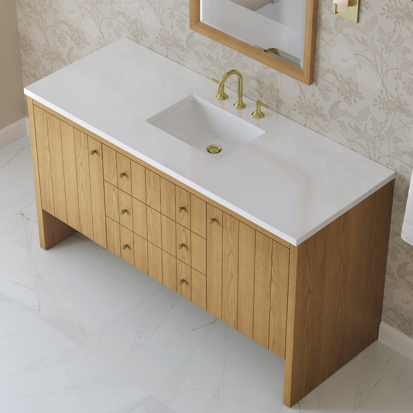 James Martin Hudson 60" Single Bathroom Vanity, Light Natural Oak with White Zeus countertop