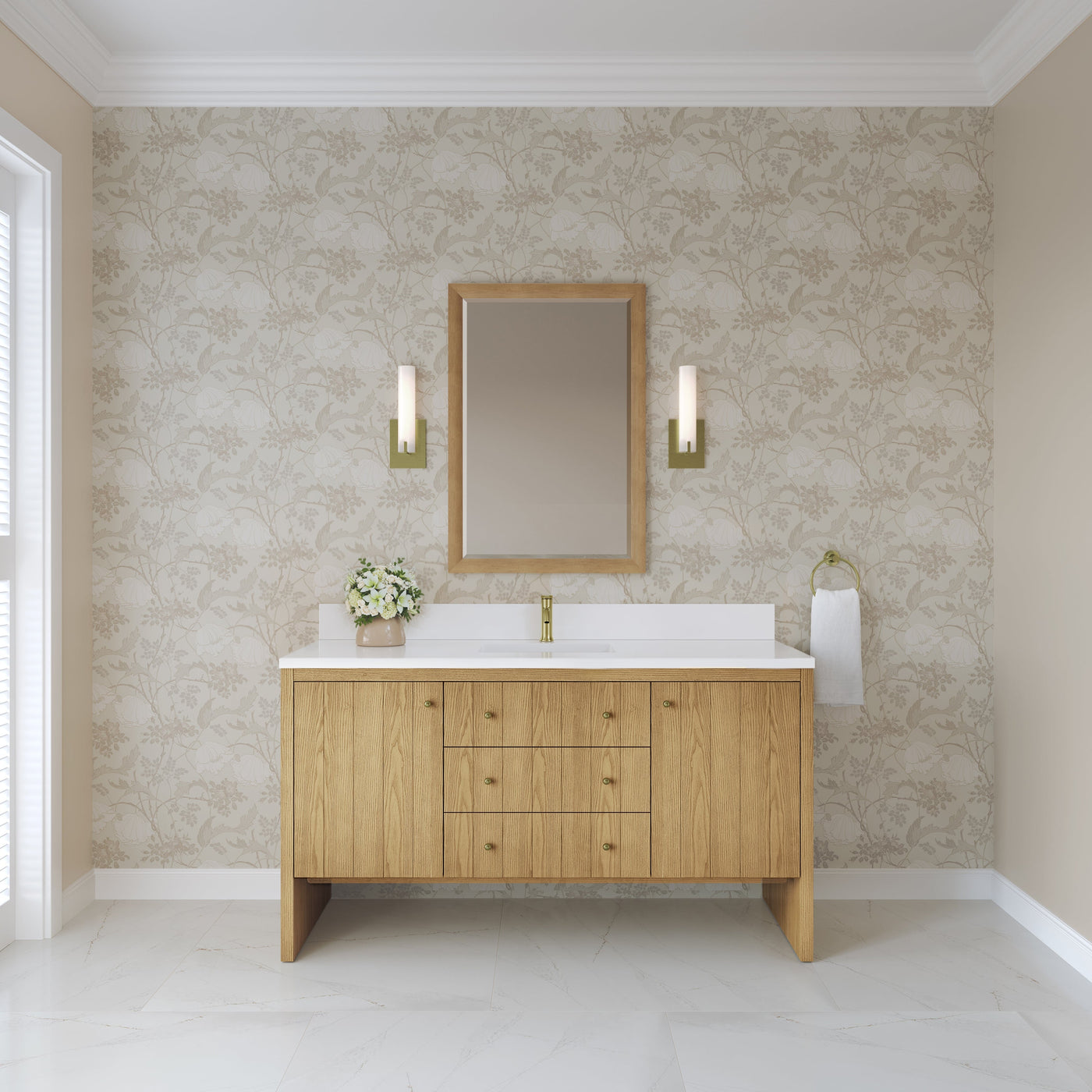 James Martin Hudson 60" Single Bathroom Vanity, Light Natural Oak with White Zeus (Single Hole, with Backsplash) countertop