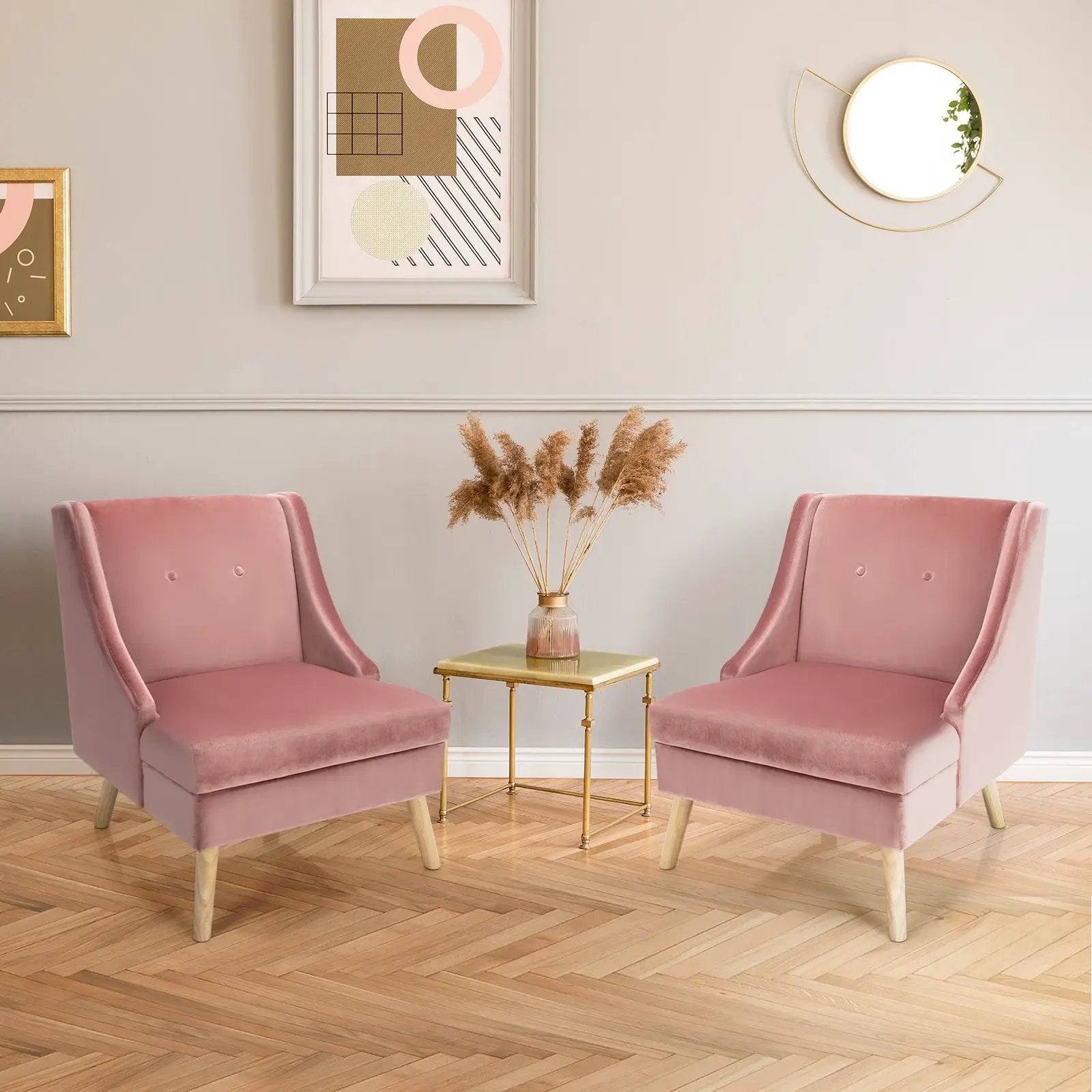 Velvet Wing Back Accent Chair with Rubber Wood Legs and Padded Seat for Living Room-Pink by DirectDeals