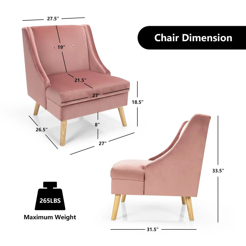 Velvet Wing Back Accent Chair with Rubber Wood Legs and Padded Seat for Living Room-Pink by DirectDeals