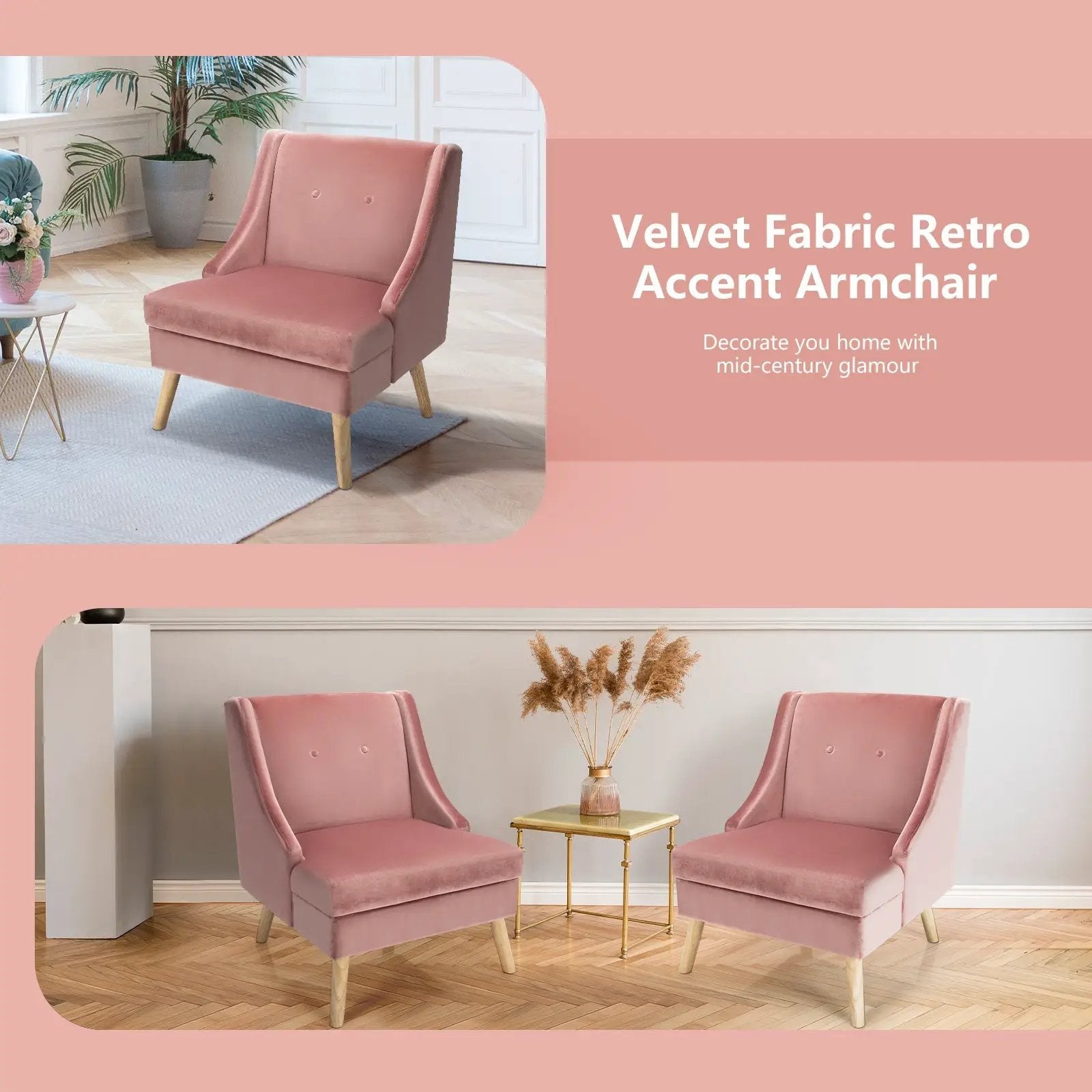 Velvet Wing Back Accent Chair with Rubber Wood Legs and Padded Seat for Living Room-Pink by DirectDeals
