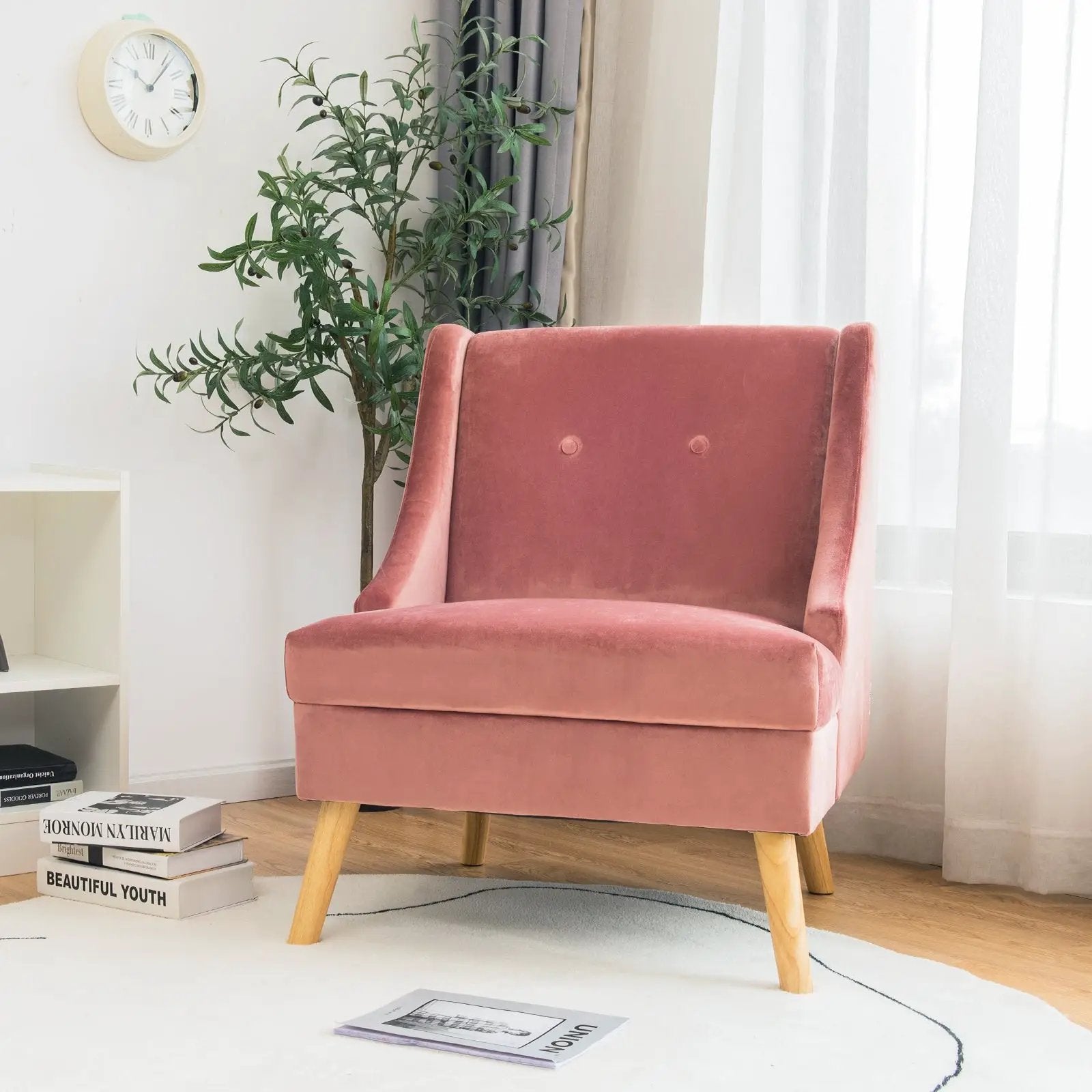 Velvet Wing Back Accent Chair with Rubber Wood Legs and Padded Seat for Living Room-Pink by DirectDeals