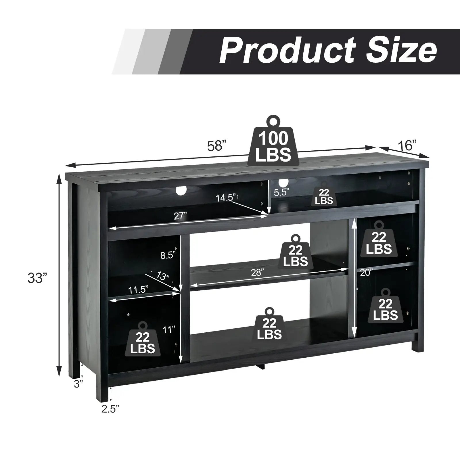 58 Inch TV Stand Entertainment Console Center with Adjustable Open Shelves-Black by DirectDeals