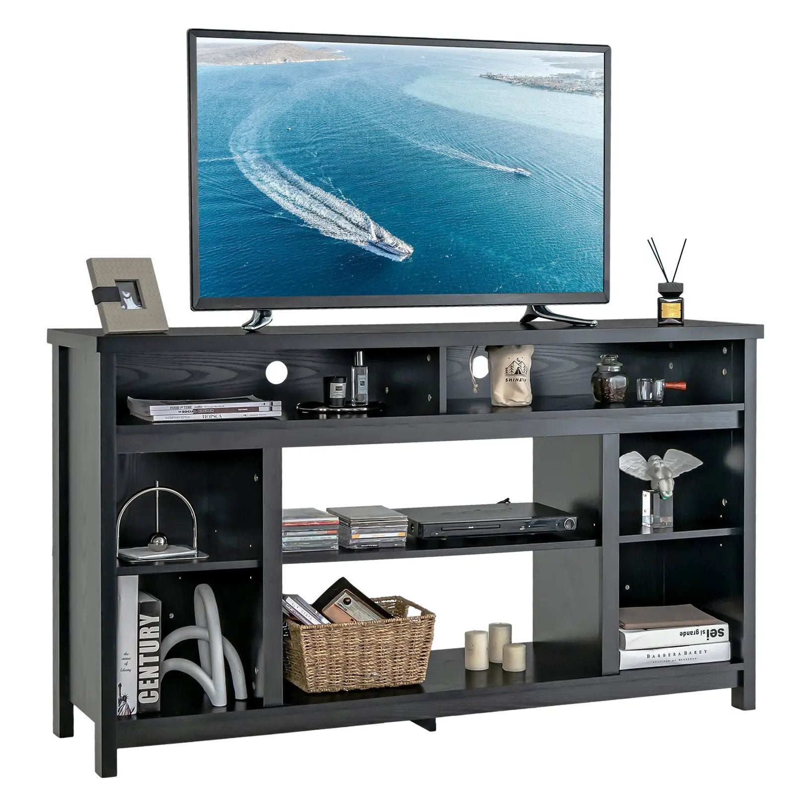 58 Inch TV Stand Entertainment Console Center with Adjustable Open Shelves-Black by DirectDeals