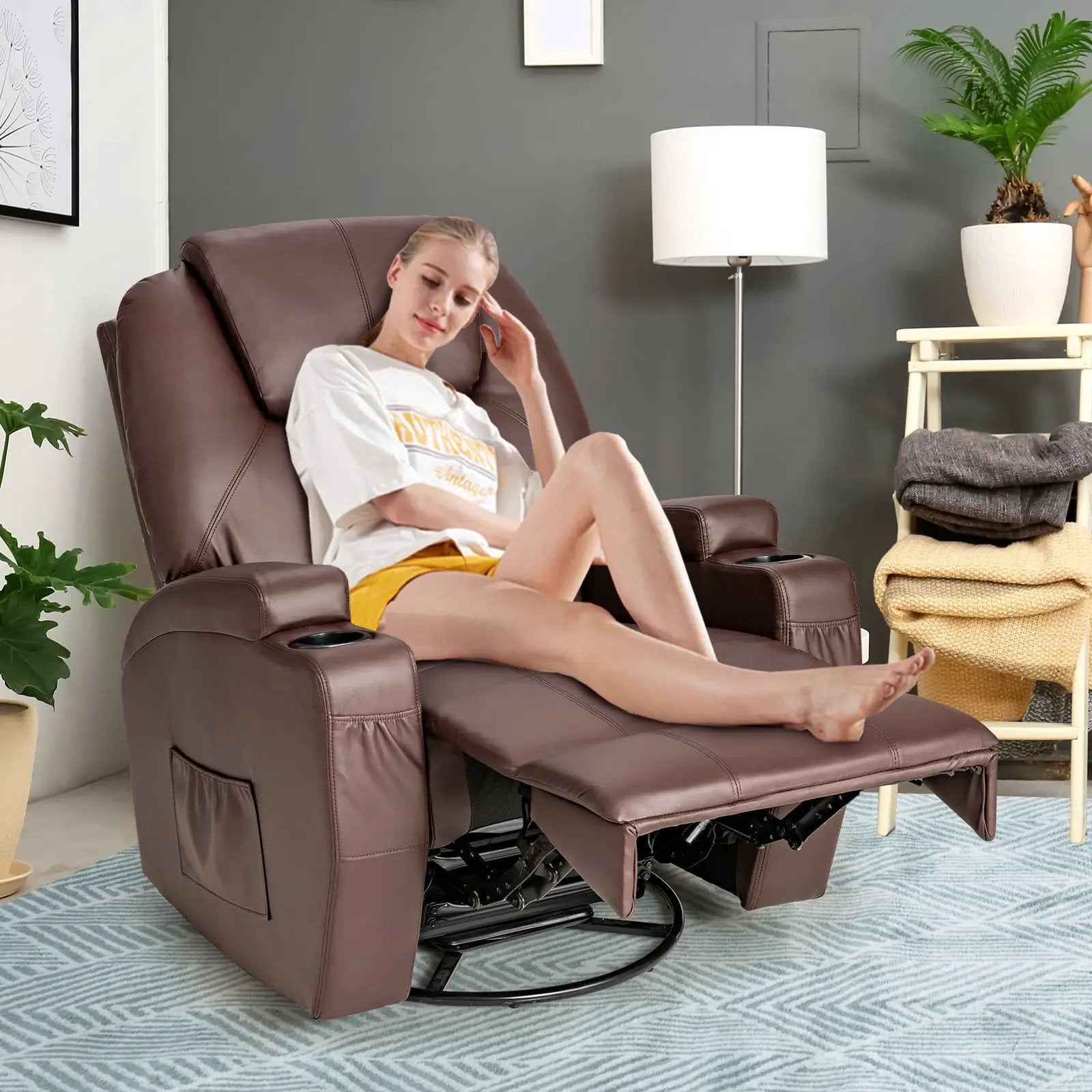 360-Degree Swivel Massage Recliner Chair with Remote Control for Home-Brown by DirectDeals