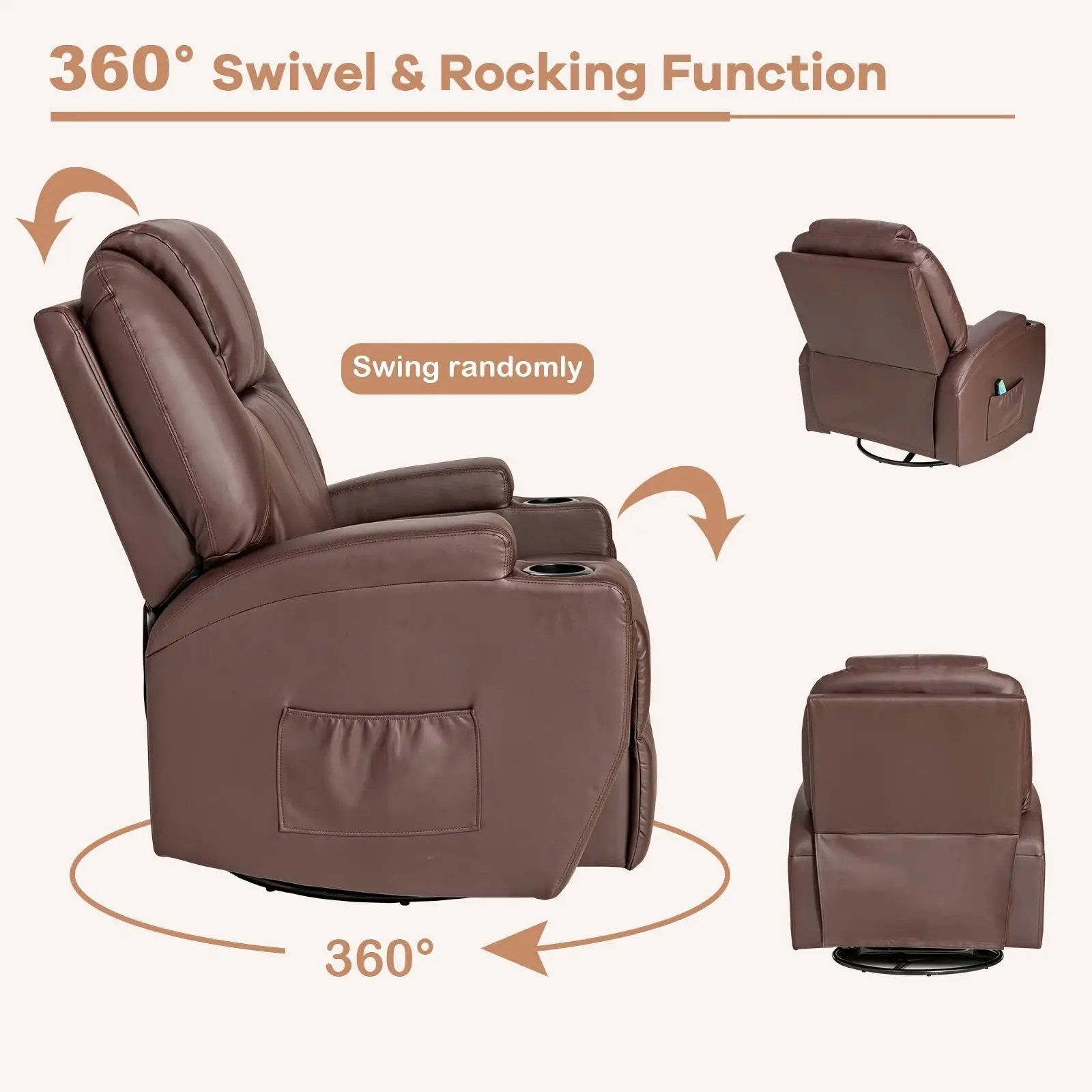 360-Degree Swivel Massage Recliner Chair with Remote Control for Home-Brown by DirectDeals