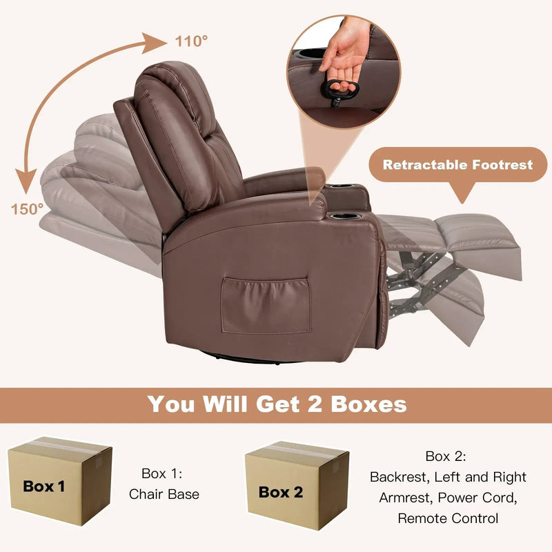 360-Degree Swivel Massage Recliner Chair with Remote Control for Home-Brown by DirectDeals