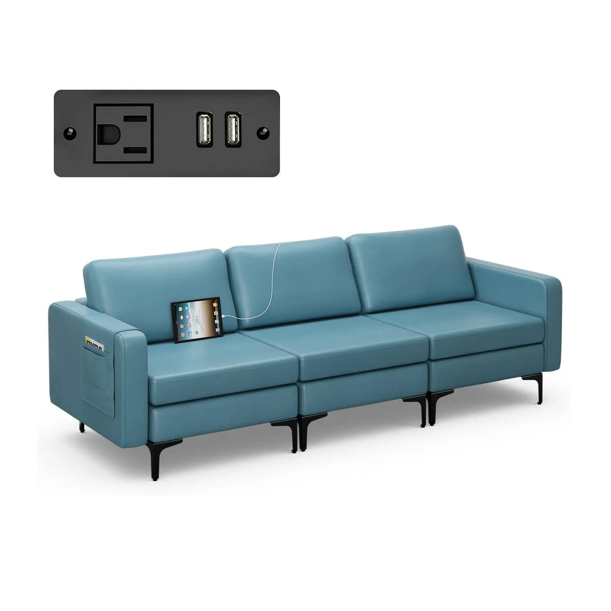 Convertible Leather Sofa Couch with Magazine Pockets 3-Seat with 2 USB Port, photo 10 of 12