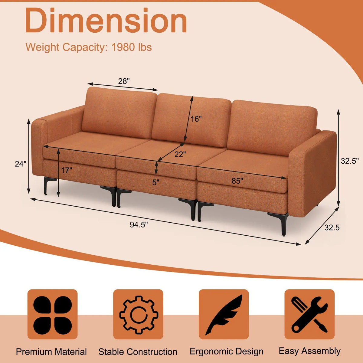 Convertible Leather Sofa Couch with Magazine Pockets 3-Seat with 2 USB Port, photo 4 of 12