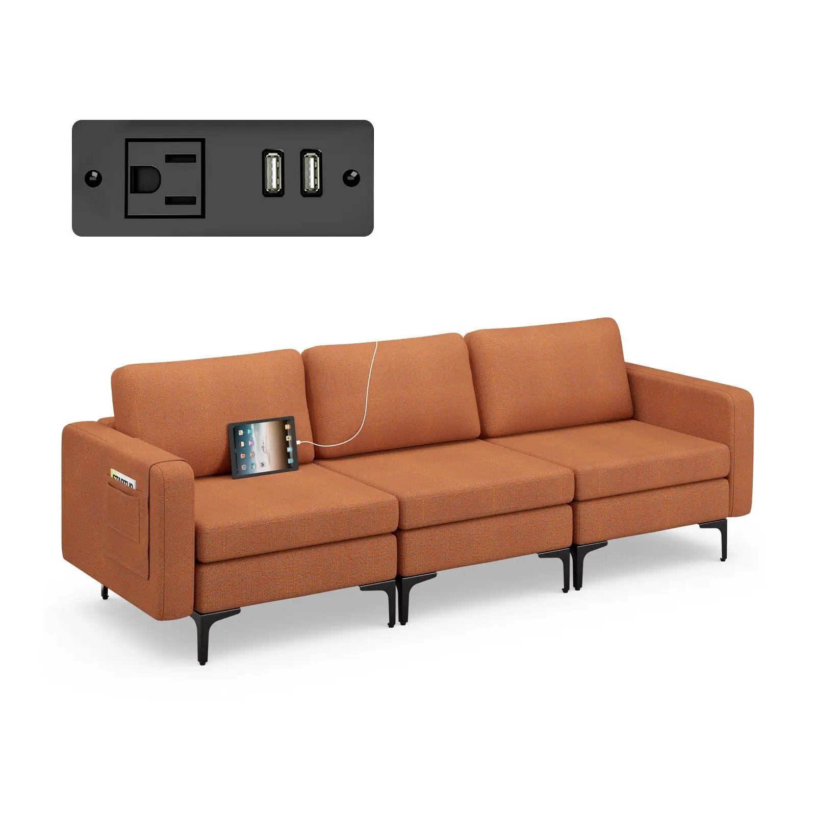 Convertible Leather Sofa Couch with Magazine Pockets 3-Seat with 2 USB Port by DirectDeals