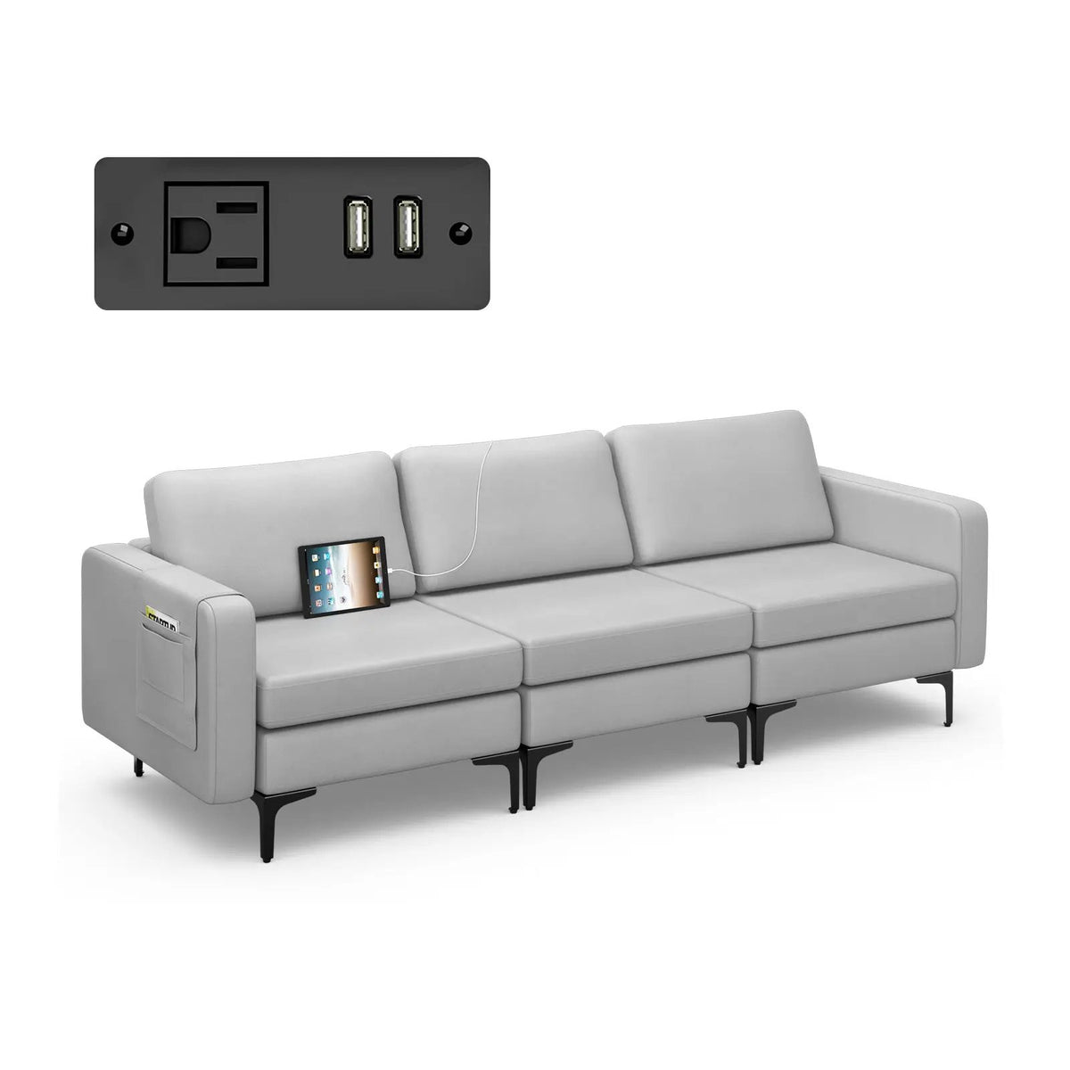 Convertible Leather Sofa Couch with Magazine Pockets 3-Seat with 2 USB Port, photo 11 of 12