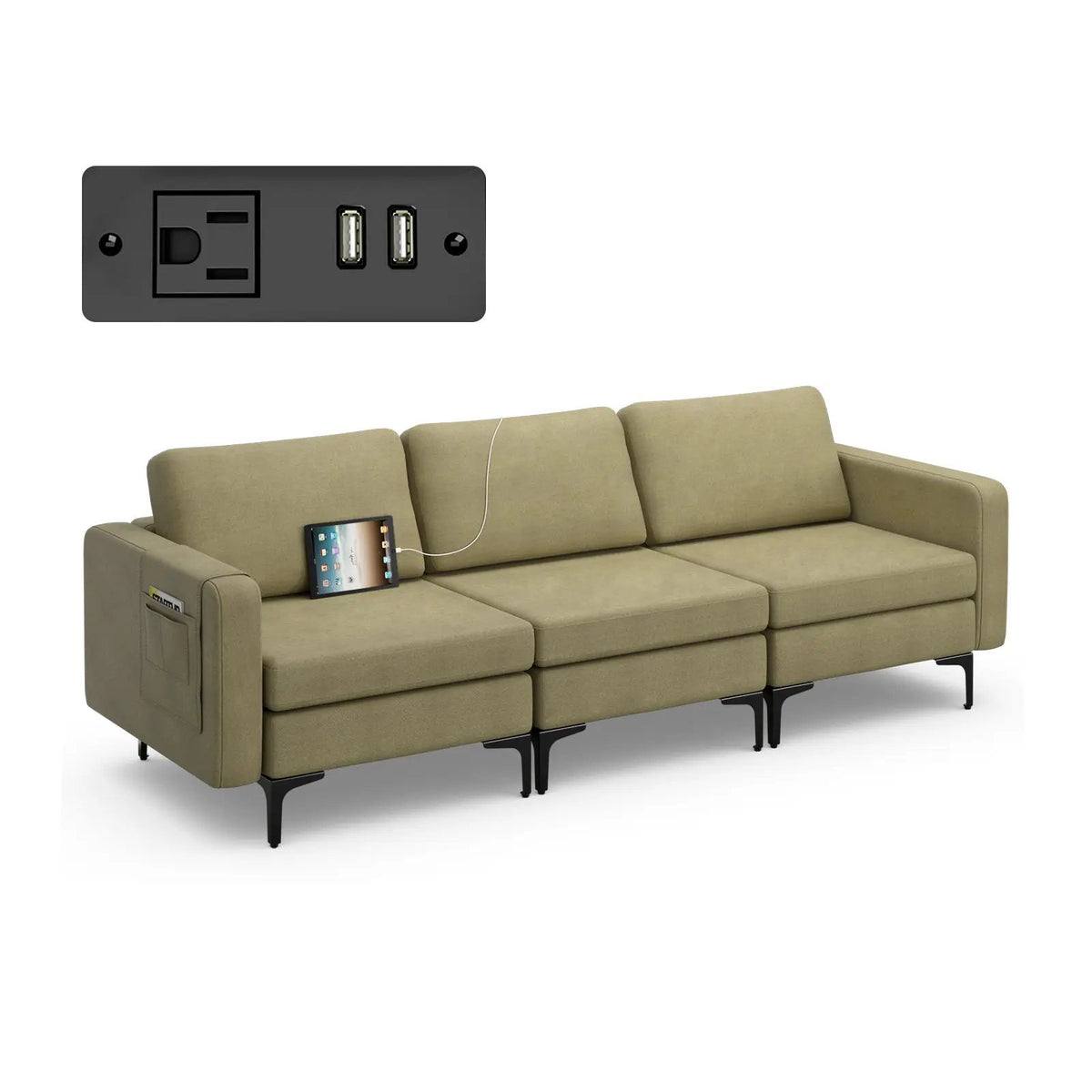 Convertible Leather Sofa Couch with Magazine Pockets 3-Seat with 2 USB Port, photo 12 of 12