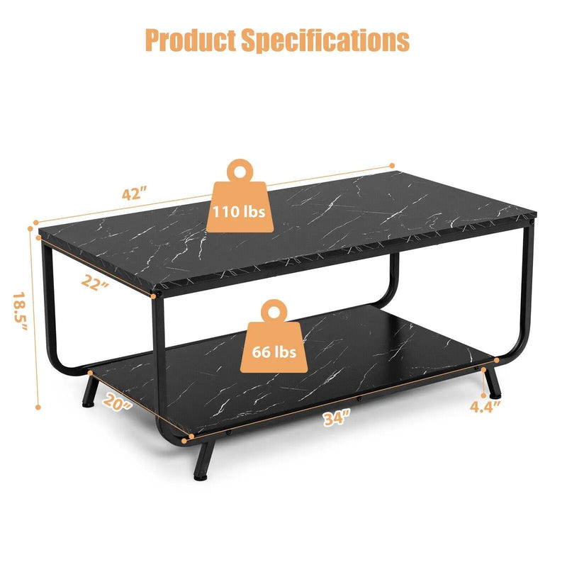 2-Tier Modern Marble Coffee Table with Storage Shelf for Living Room-Black by DirectDeals