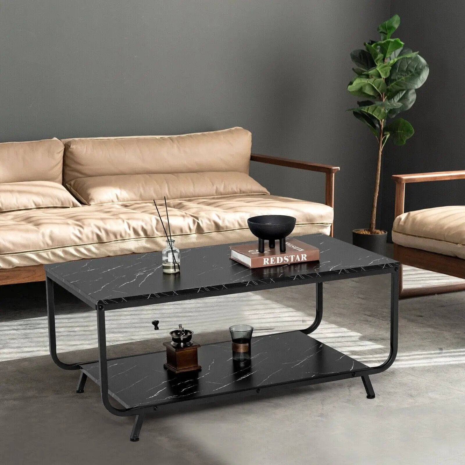 2-Tier Modern Marble Coffee Table with Storage Shelf for Living Room-Black by DirectDeals