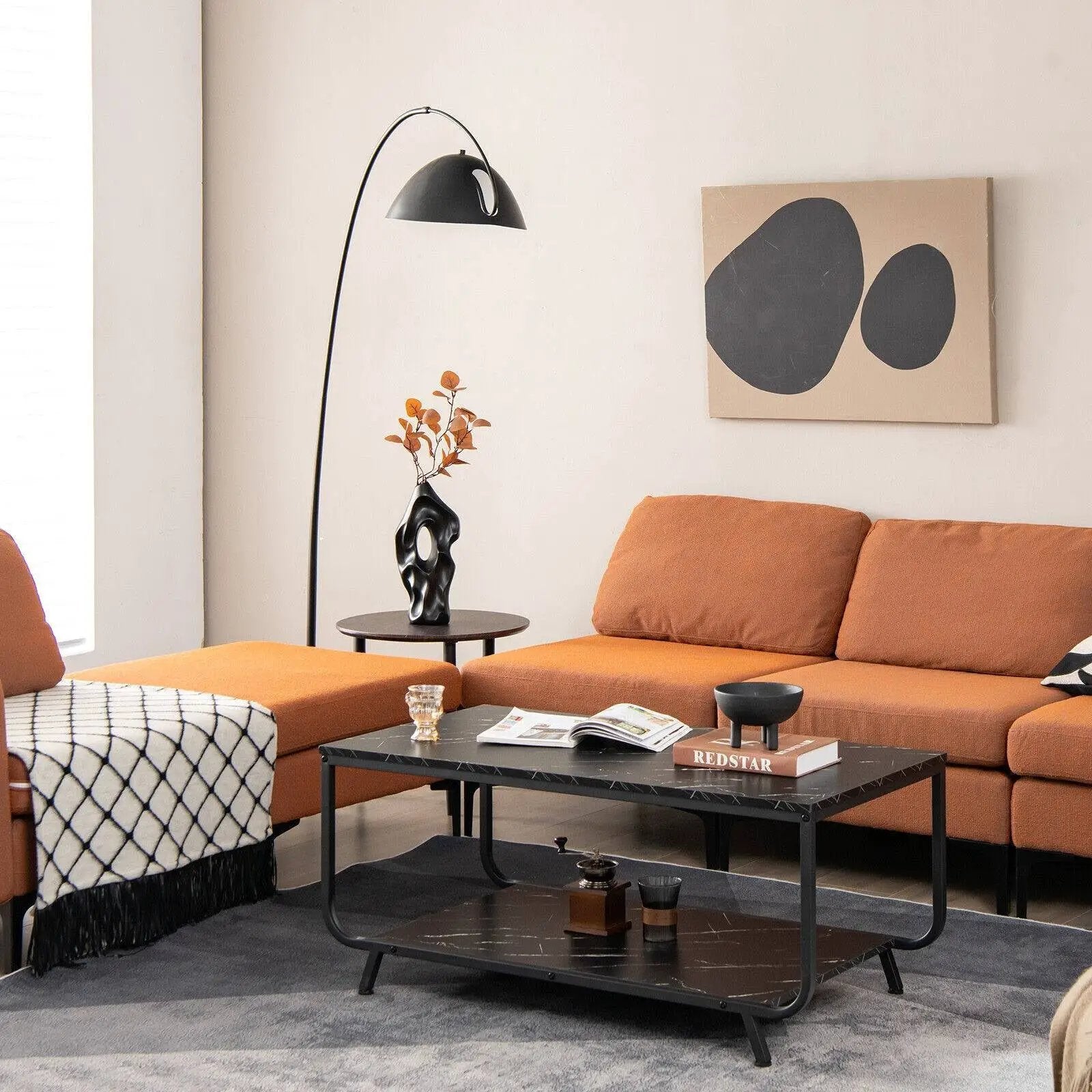 2-Tier Modern Marble Coffee Table with Storage Shelf for Living Room-Black by DirectDeals
