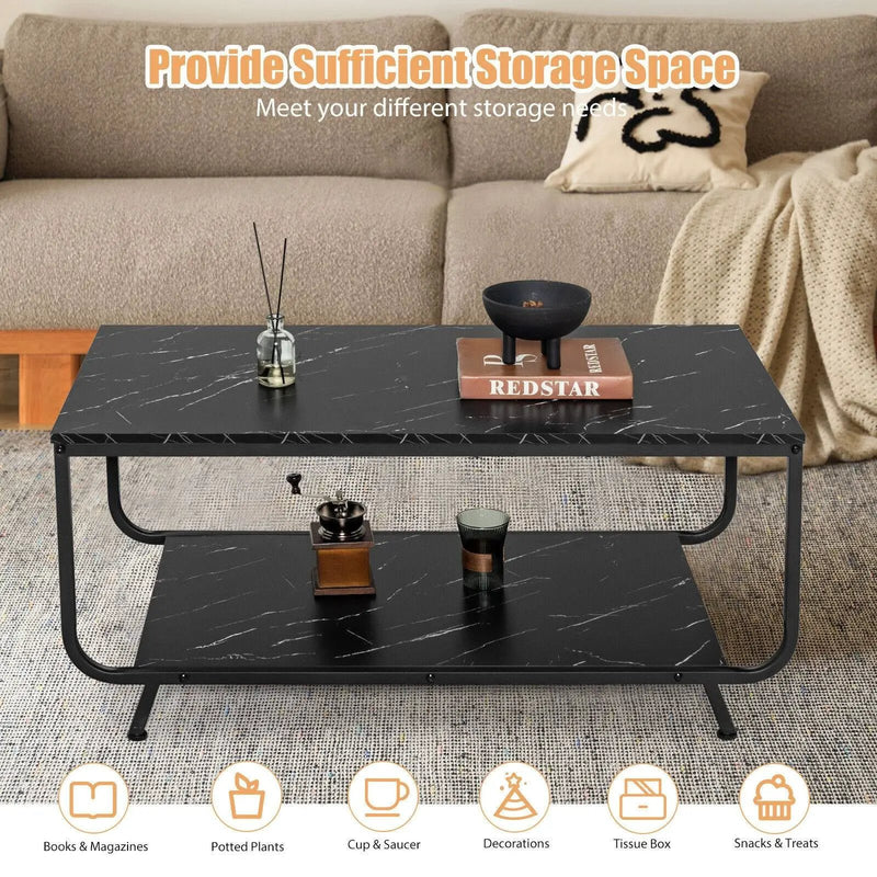 2-Tier Modern Marble Coffee Table with Storage Shelf for Living Room-Black by DirectDeals