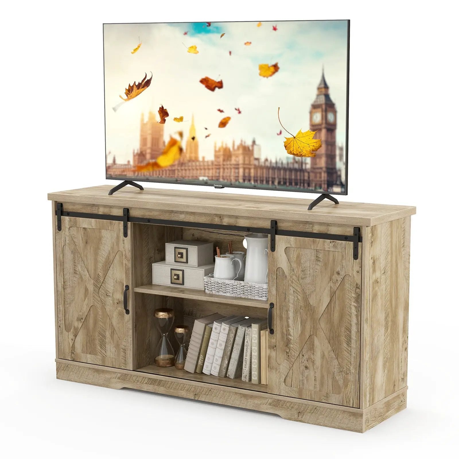 Farmhouse Entertainment Center with Adjustable Shelves and Storage Cabinet-Gray by DirectDeals