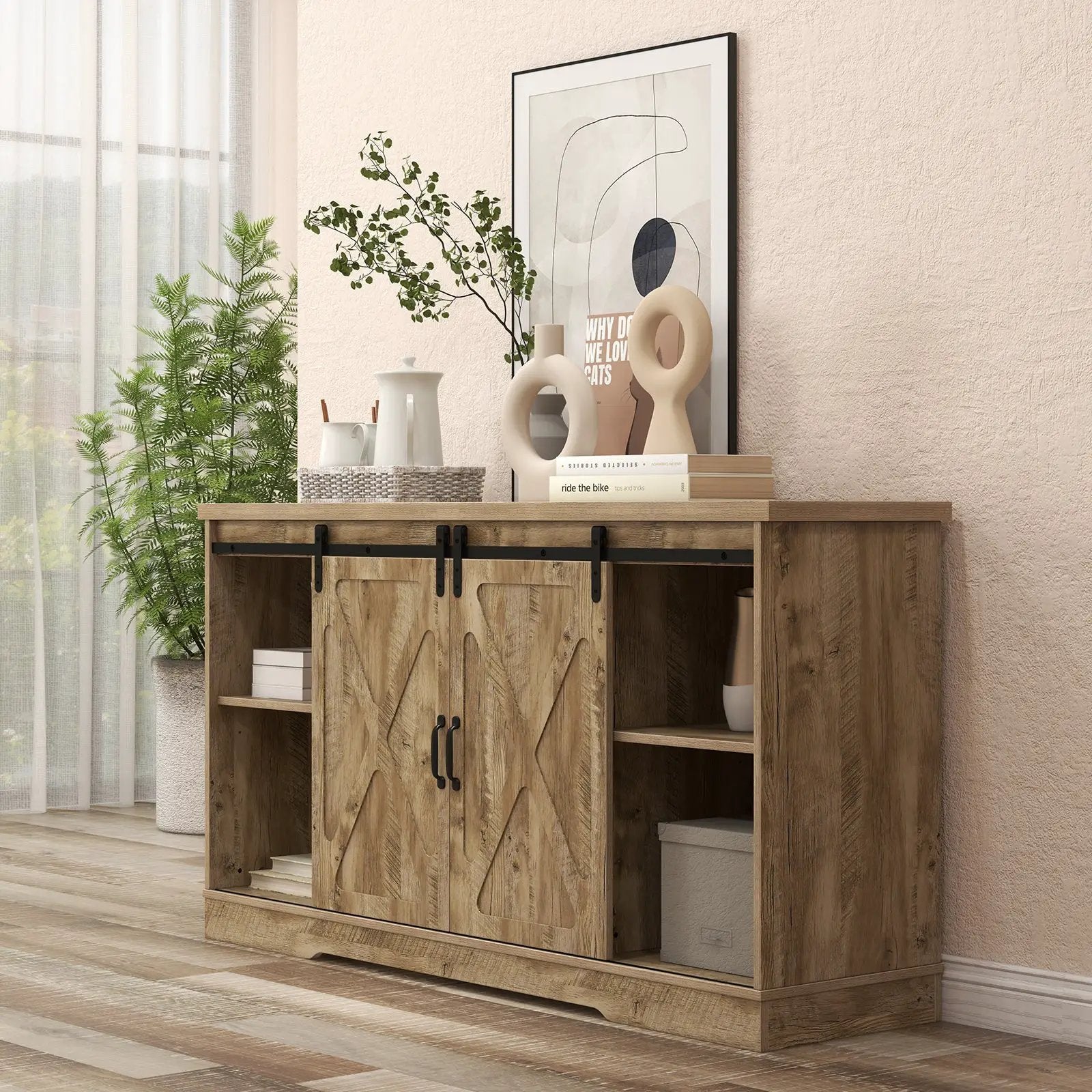 Farmhouse Entertainment Center with Adjustable Shelves and Storage Cabinet-Gray by DirectDeals