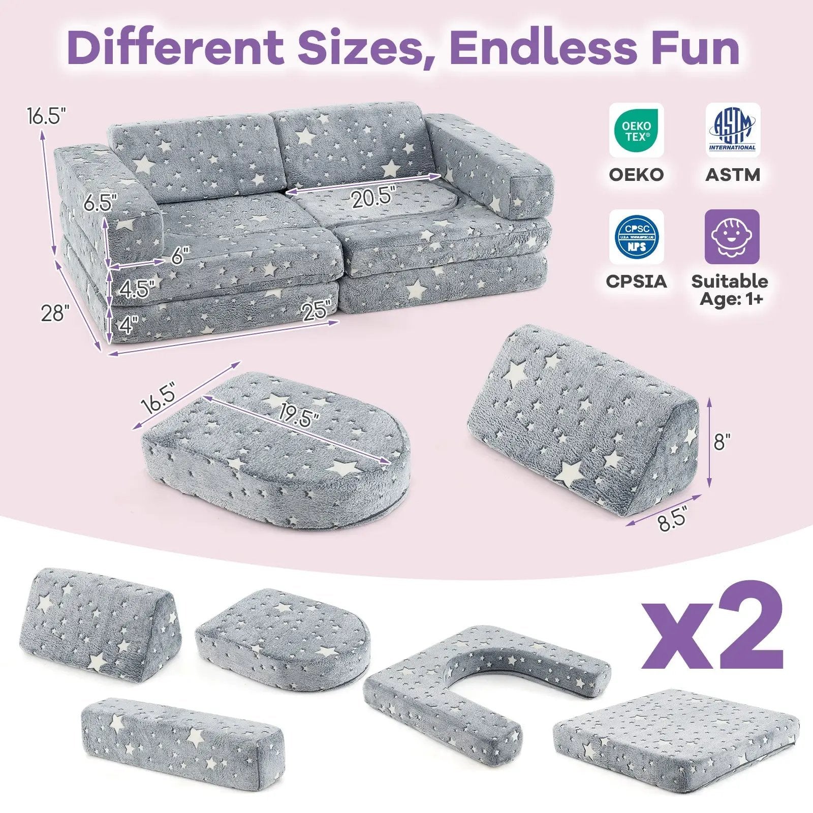 10 Pieces Modular Kids Play Couch Sectional Sofa Glow in the Dark-Gray by DirectDeals