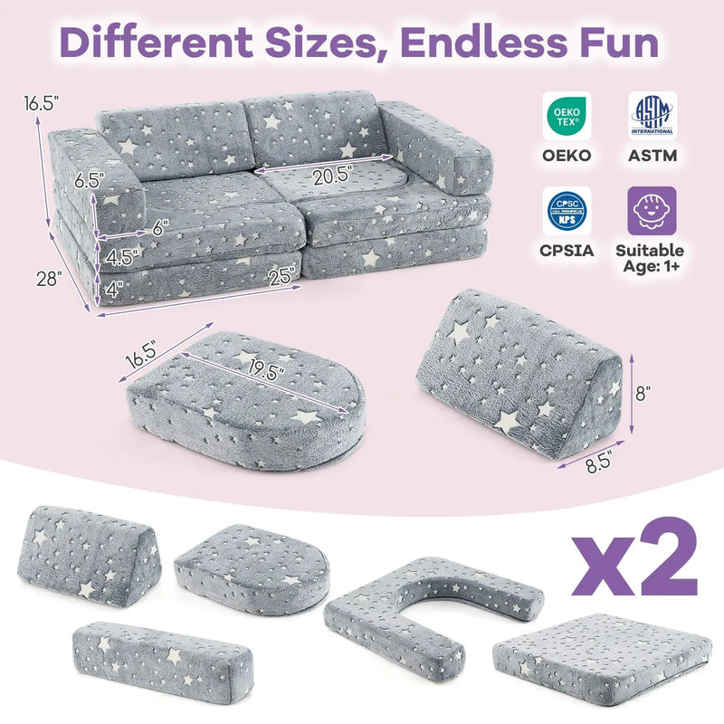 10 Pieces Modular Kids Play Couch Sectional Sofa Glow in the Dark-Gray by DirectDeals