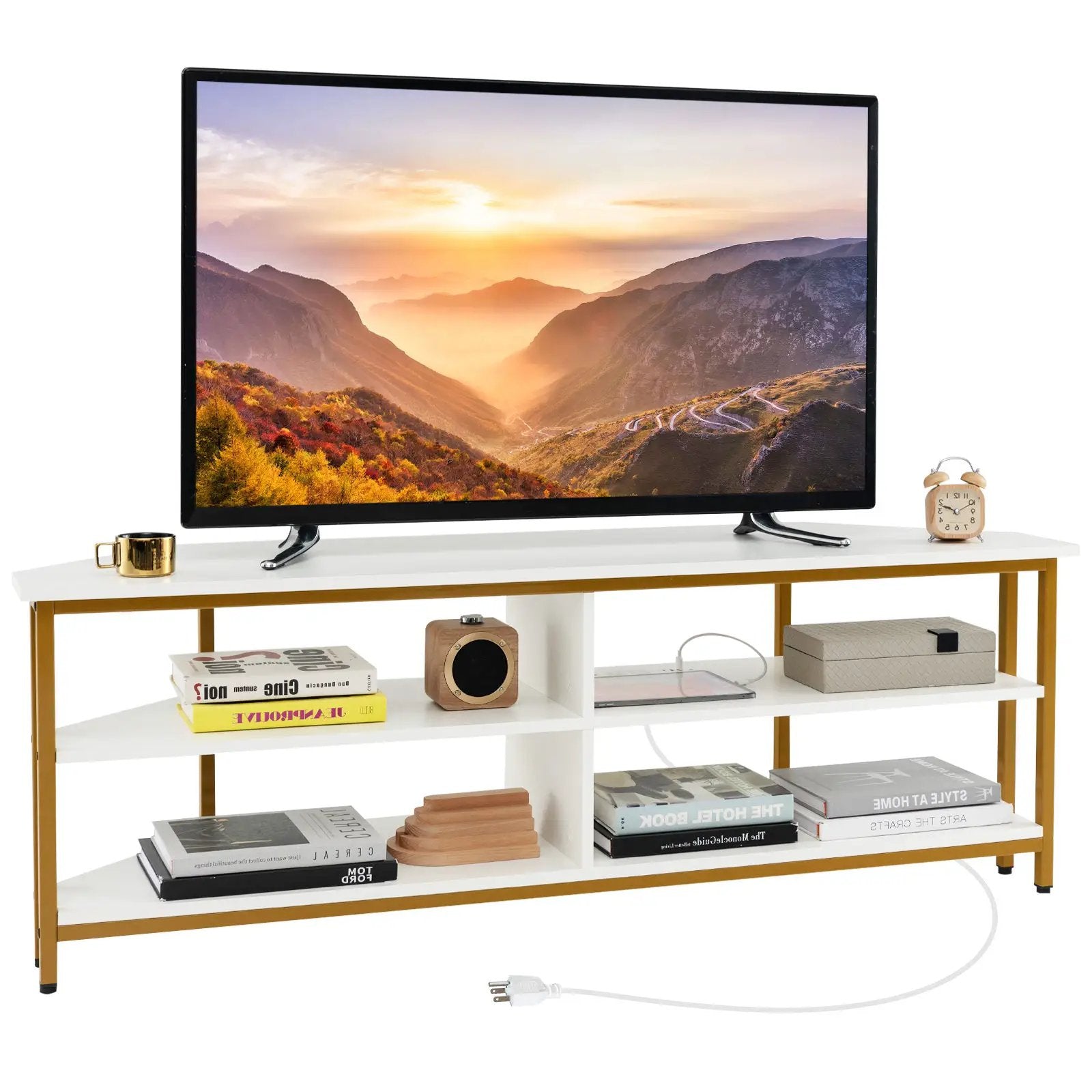 3-Tier Corner TV Stand for TVs up to 65 Inches with Charging Station by DirectDeals