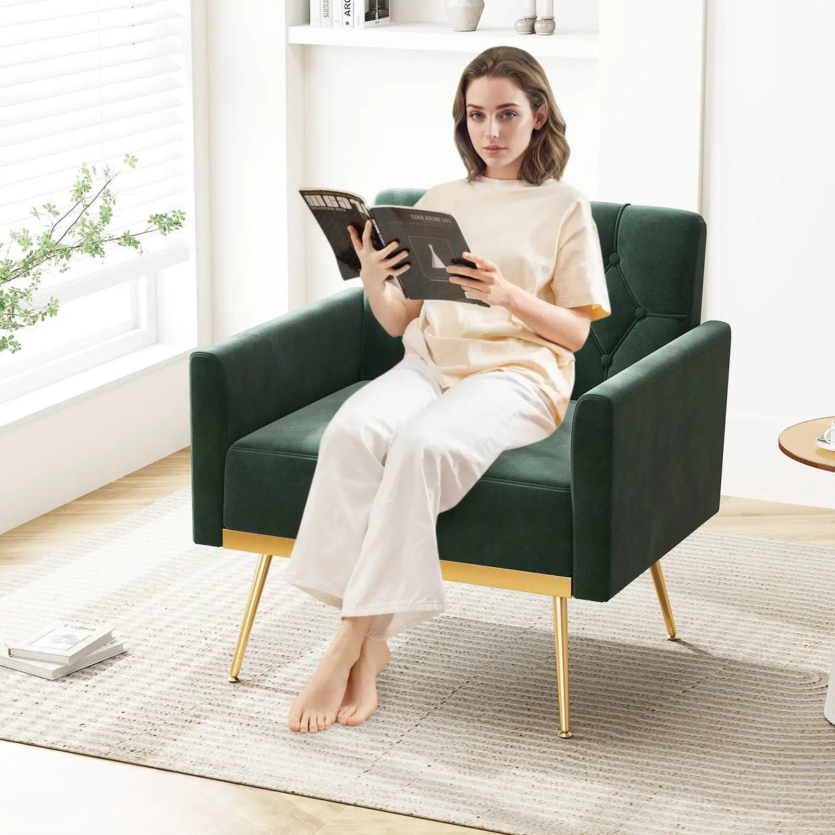 Modern Velvet Accent Chair with Button Tufted Back Golden Metal Legs and Adjustable Foot Pads, photo 2 of 10