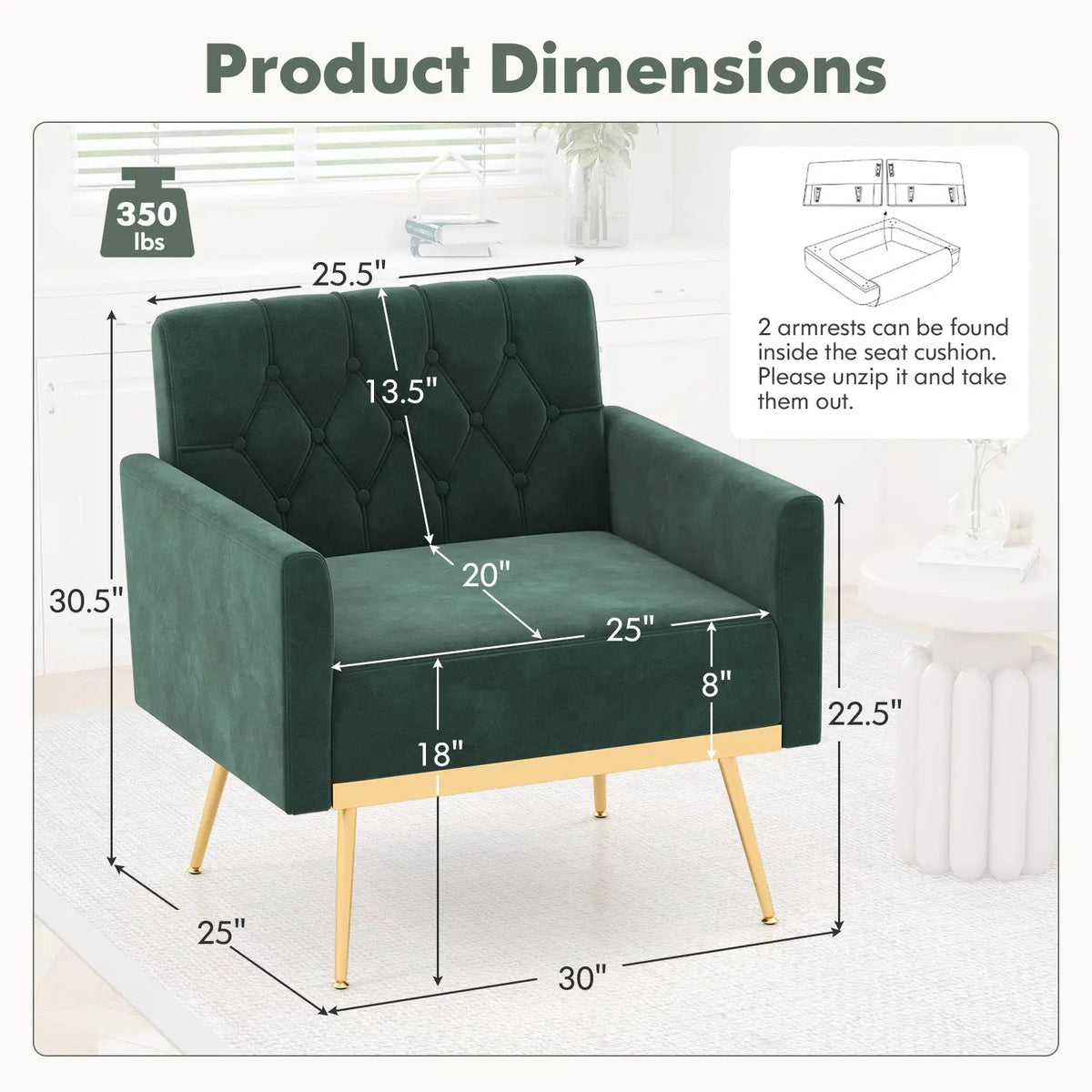 Modern Velvet Accent Chair with Button Tufted Back Golden Metal Legs and Adjustable Foot Pads, photo 4 of 10