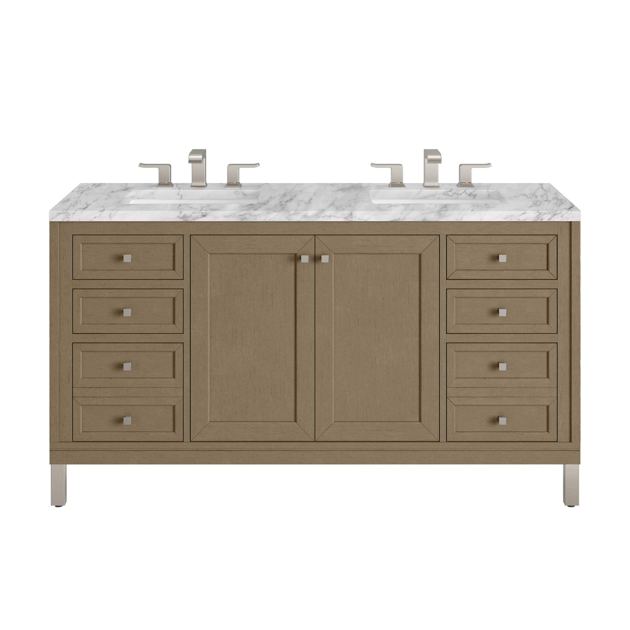 James Martin Chicago 60" Double Bathroom Vanity, Walnut Whisper with Carrara White countertop