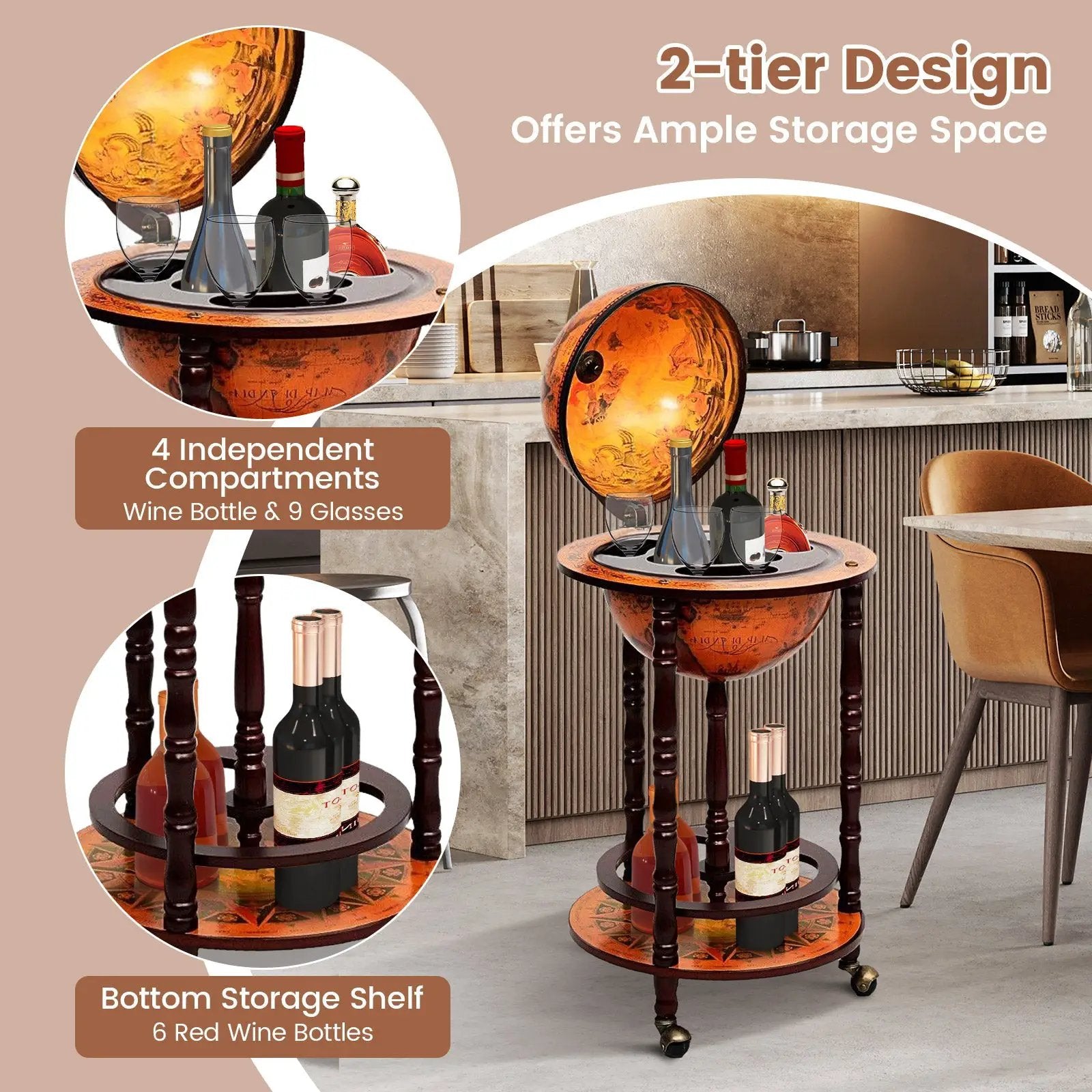 16th Century Wood Globe Wine Bar Stand by DirectDeals