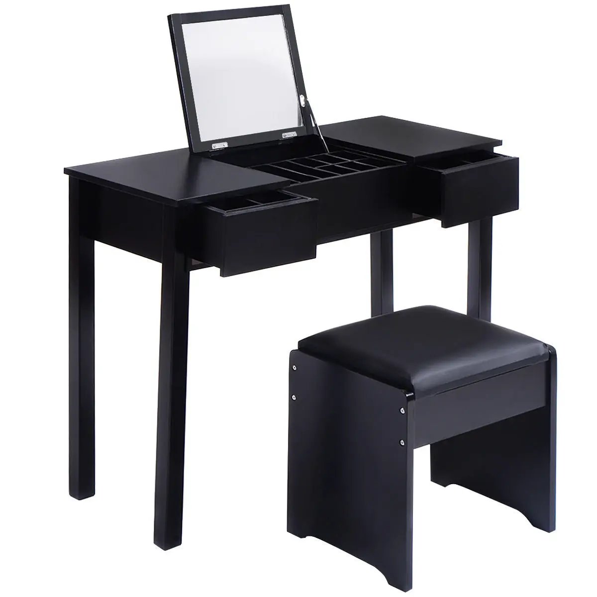 Vanity Makeup Dressing Table Set with Flip Top Mirror and Cushioned Stool by DirectDeals