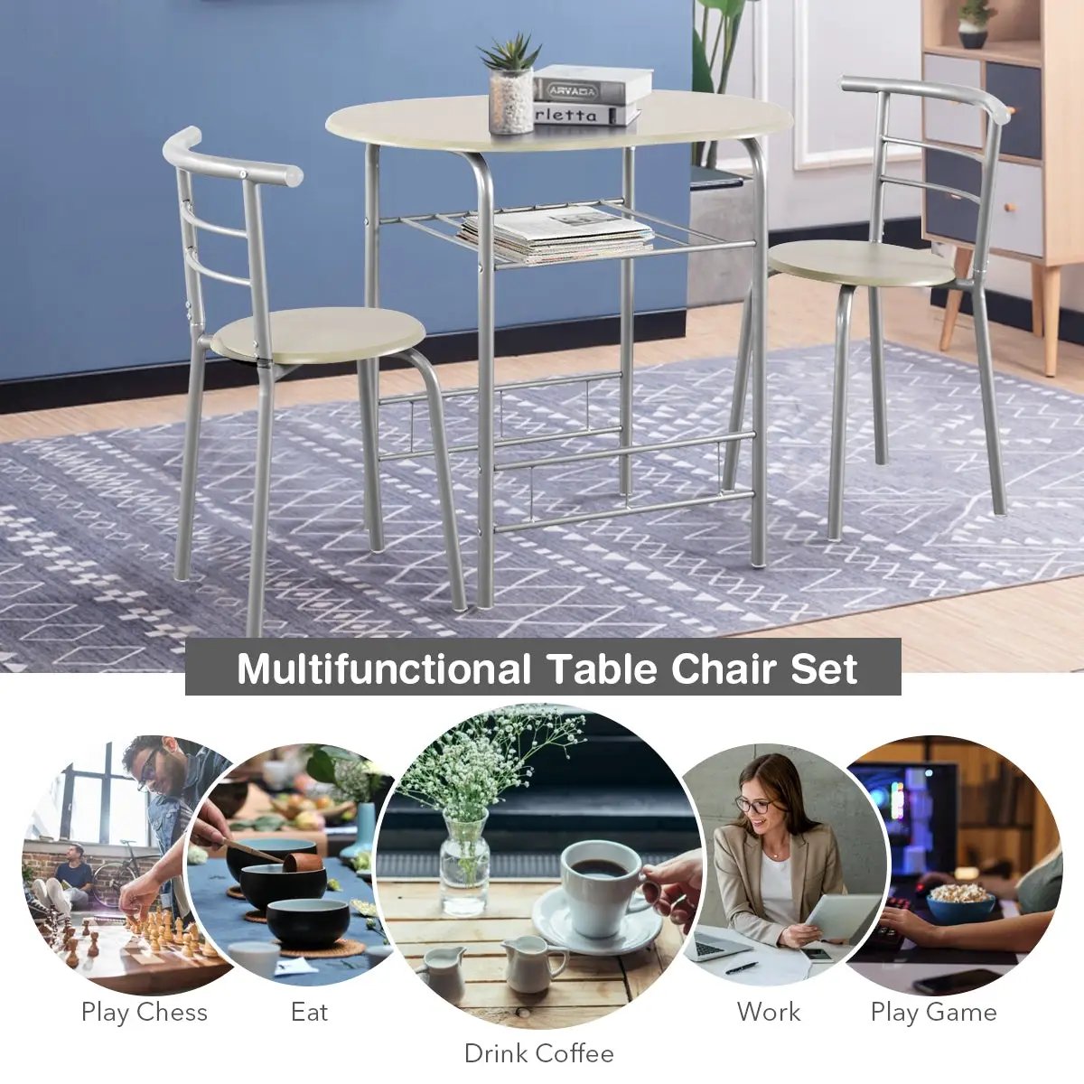 3 pcs Home Kitchen Bistro Pub Dining Table 2 Chairs Set by DirectDeals