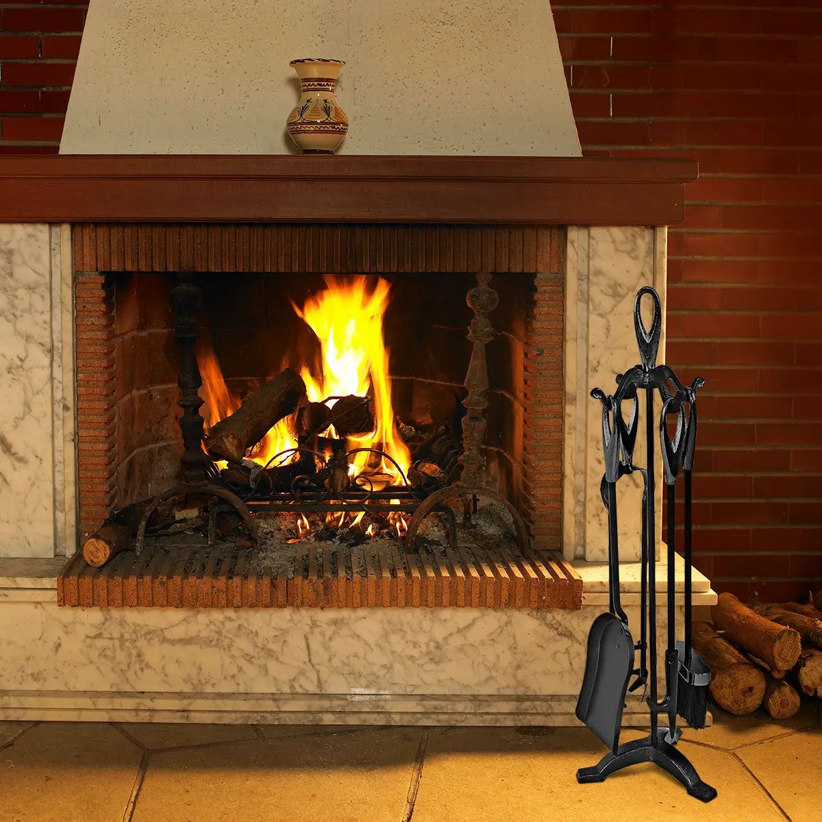5 Pieces Rustic Heavy Duty Compact Wrought Iron Fireplace Tools Set, photo 13 of 16